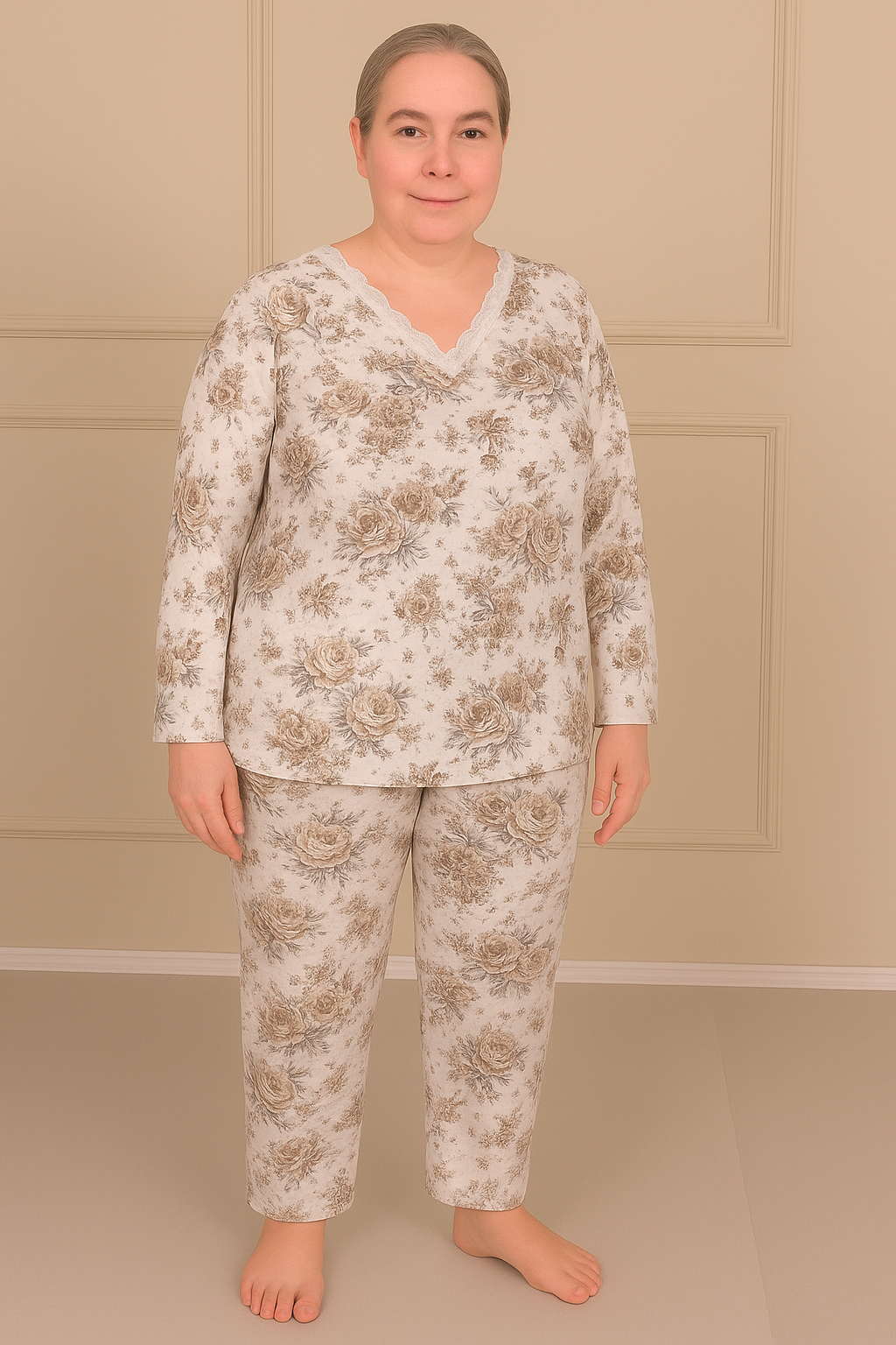 Kadın Desenli Dantel Yakalı Uzun Kol Altı Uzun Penye Anne  Pijama Takımı