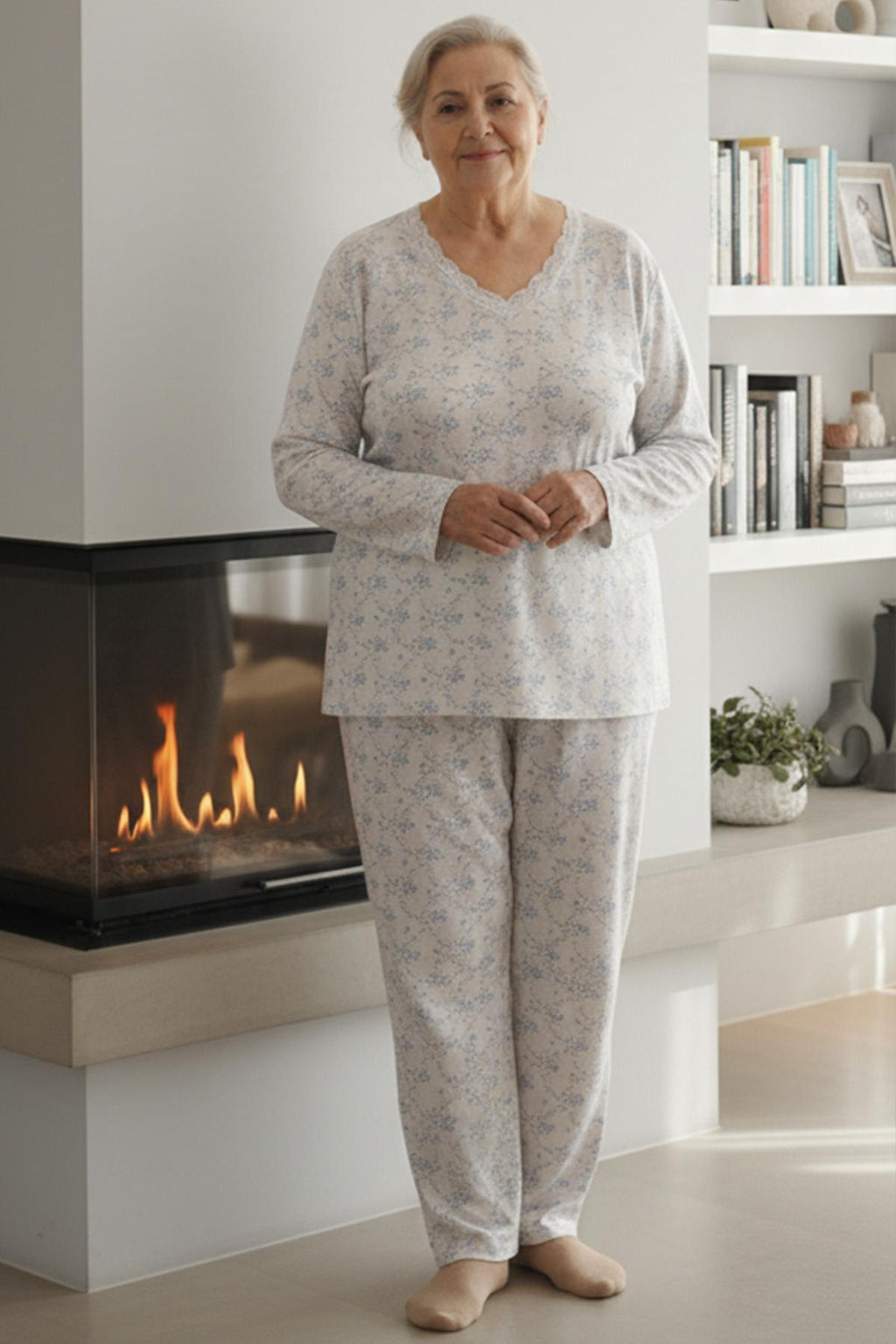 Kadın Desenli Dantel Yakalı Uzun Kol Altı Uzun Penye Anne  Pijama Takımı