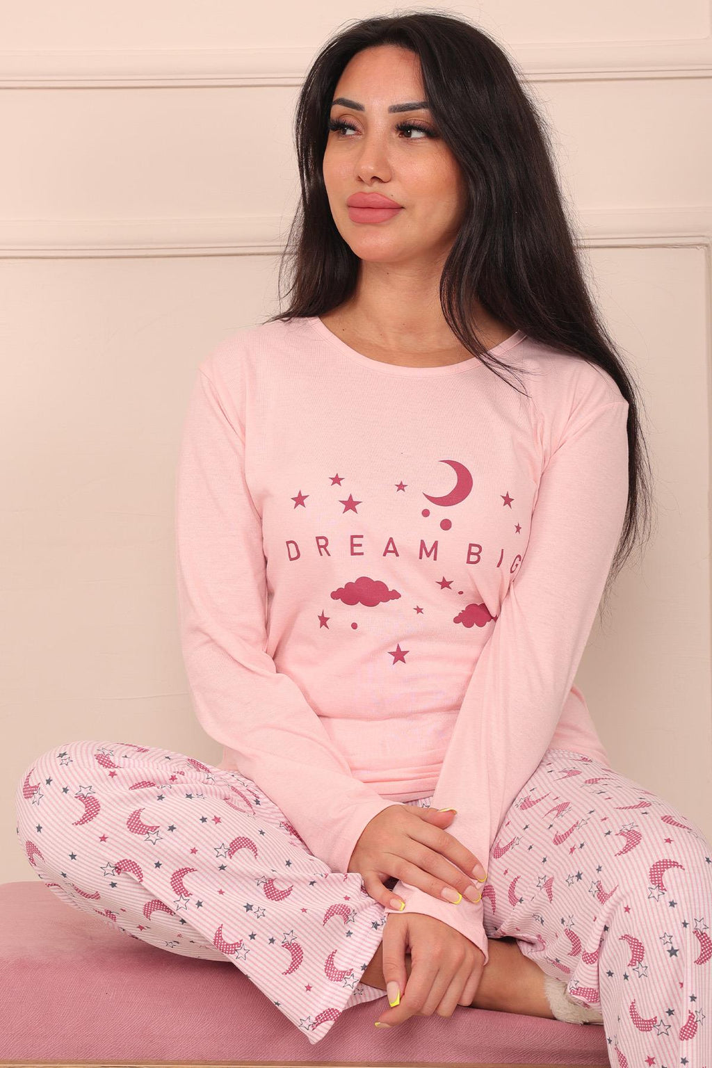 Kadın Dream Big Sloganlı Ve Altı Desenli Bisiklet Yaka Uzun Kol Altı Uzun Penye Pijama Takımı