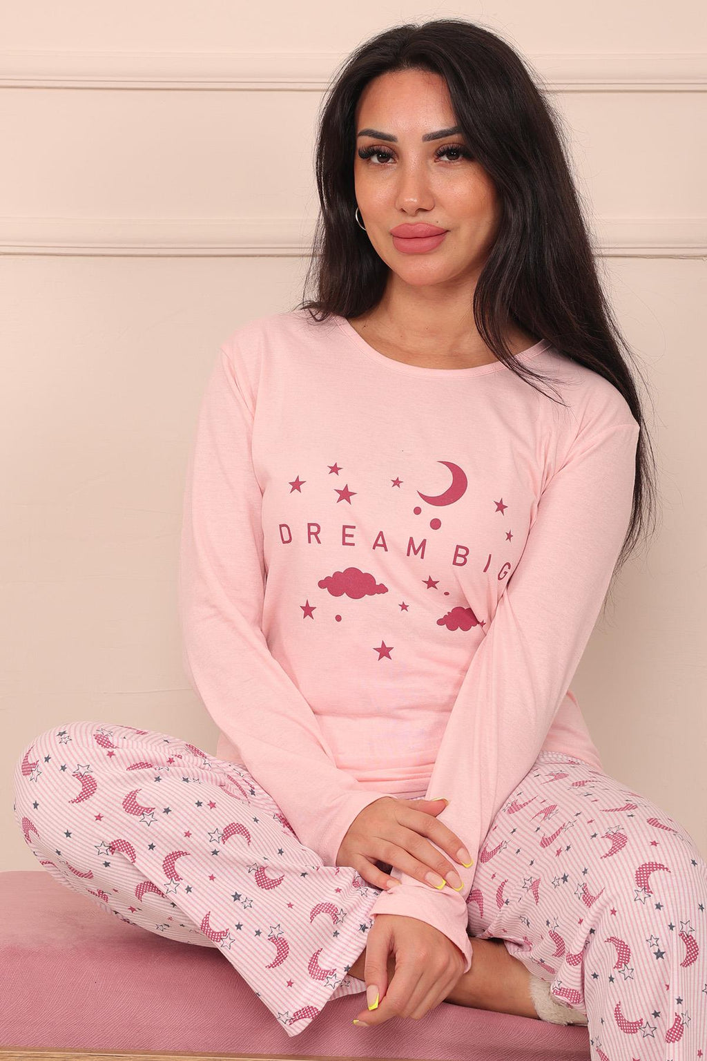Kadın Dream Big Sloganlı Ve Altı Desenli Bisiklet Yaka Uzun Kol Altı Uzun Penye Pijama Takımı