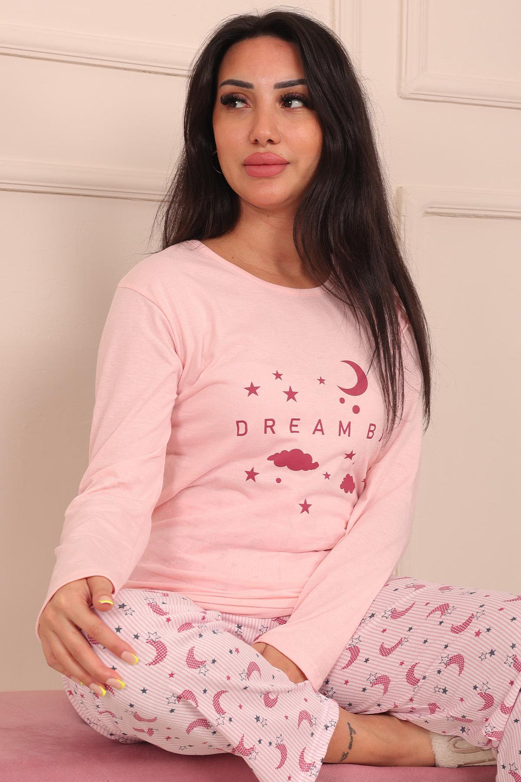 Kadın Dream Big Sloganlı Ve Altı Desenli Bisiklet Yaka Uzun Kol Altı Uzun Penye Pijama Takımı