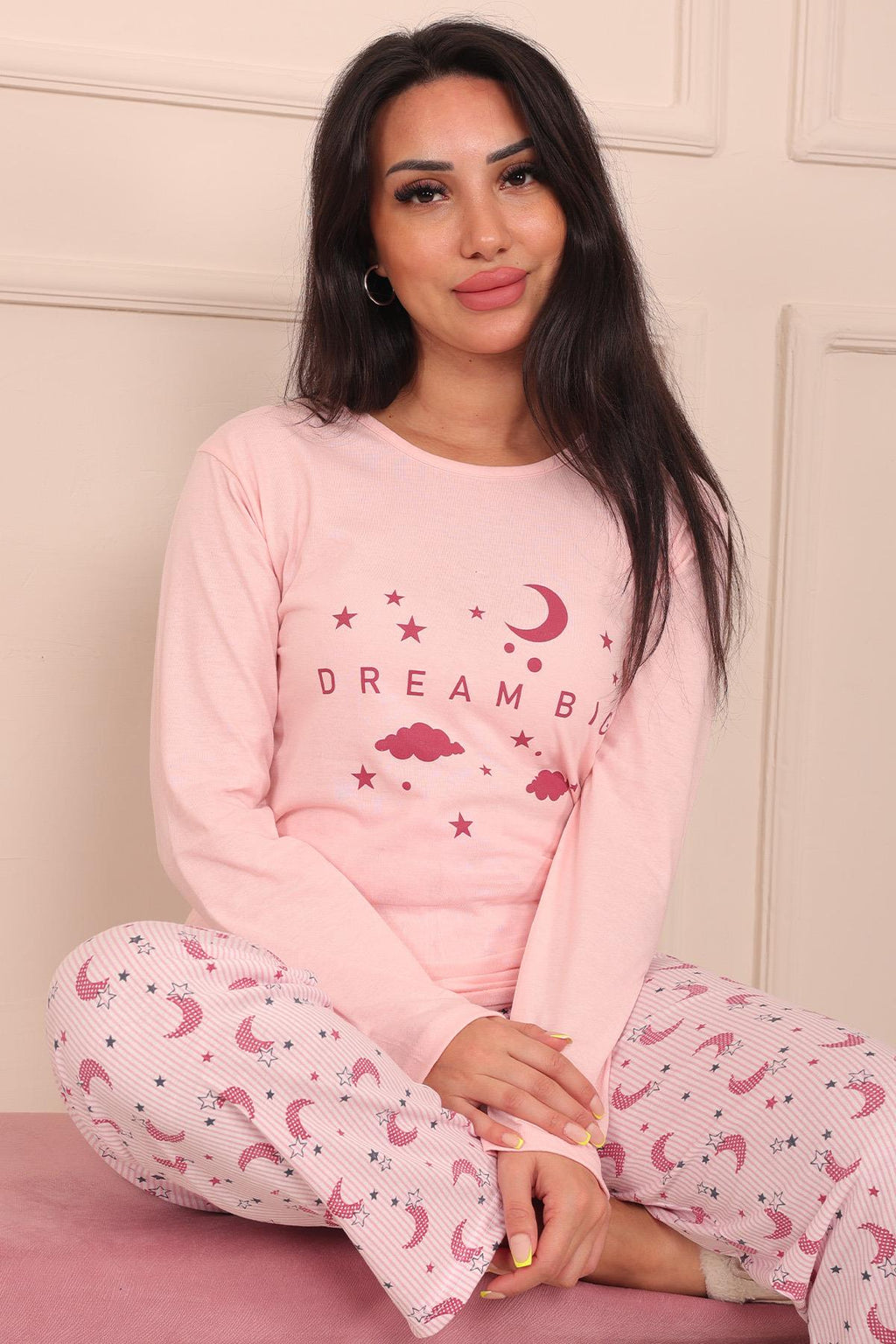 Kadın Dream Big Sloganlı Ve Altı Desenli Bisiklet Yaka Uzun Kol Altı Uzun Penye Pijama Takımı