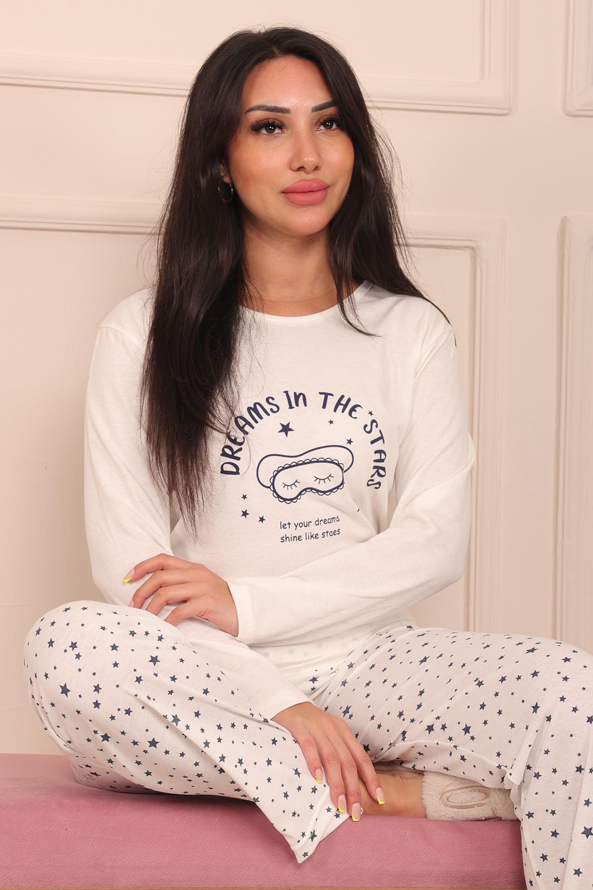 Kadın Dreams İn The Stars Sloganlı  Altı Yıldız Desenli Bisiklet Yaka Uzun Kol Altı Uzun Penye Pijama Takımı