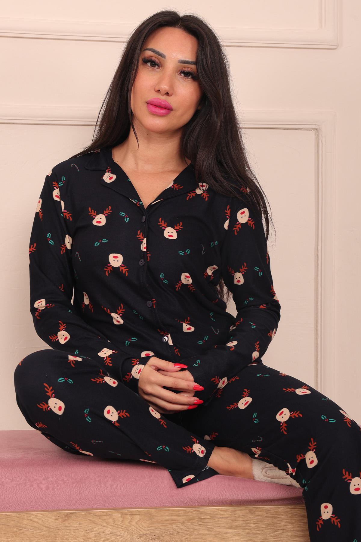 Kadın Geyik Desenli Önü Düğmeli Uzun Kol Altı Uzun Süet Pijama Takımı