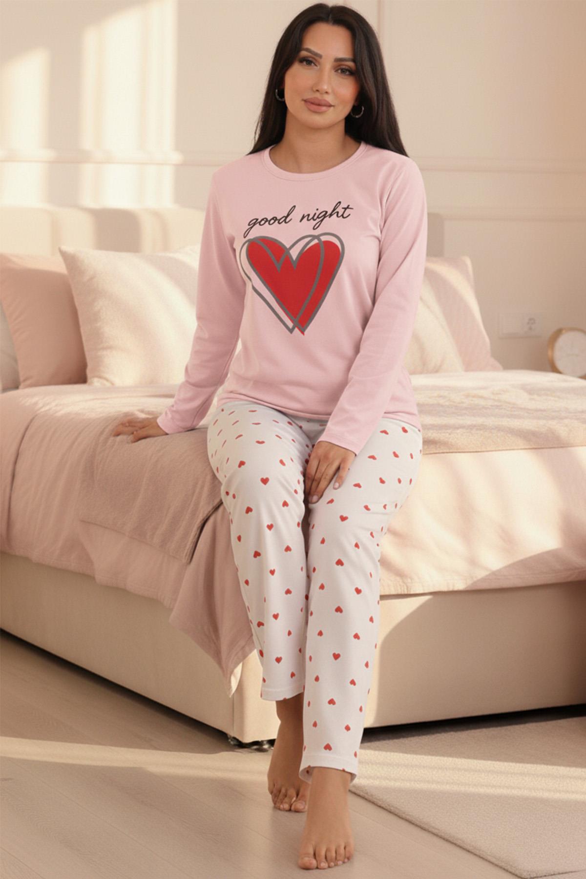 Kadın Good Night Sloganlı Altı Kalp Desenli  Bisiklet Yaka Uzun Kol Altı Uzun Penye Pijama Takımı