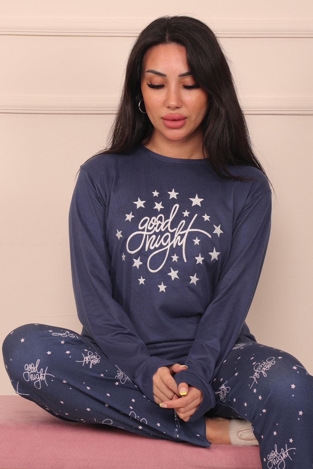 Kadın Good Night  Sloganlı Ve Altı Yıldız Desenli Termal Pijama Takımı