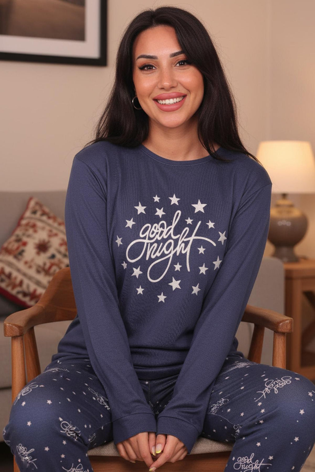 Kadın Good Night  Sloganlı Ve Altı Yıldız Desenli Termal Pijama Takımı
