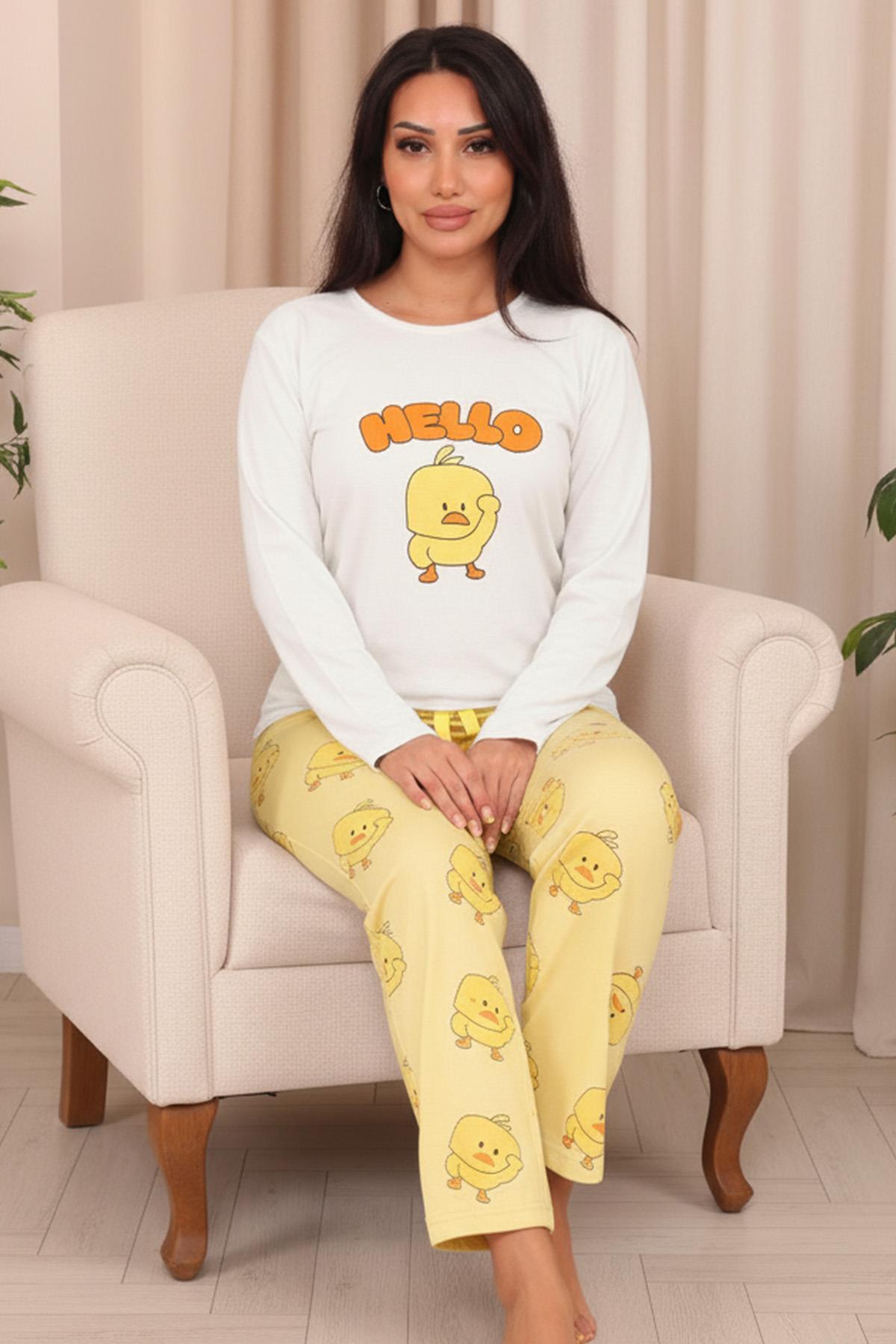 Kadın Hello Sloganlı Ve Ördek Yavrusu Baskılı  Altı Desenli Bisiklet Yaka Uzun Kol Altı Uzun Penye Pijama Takımı