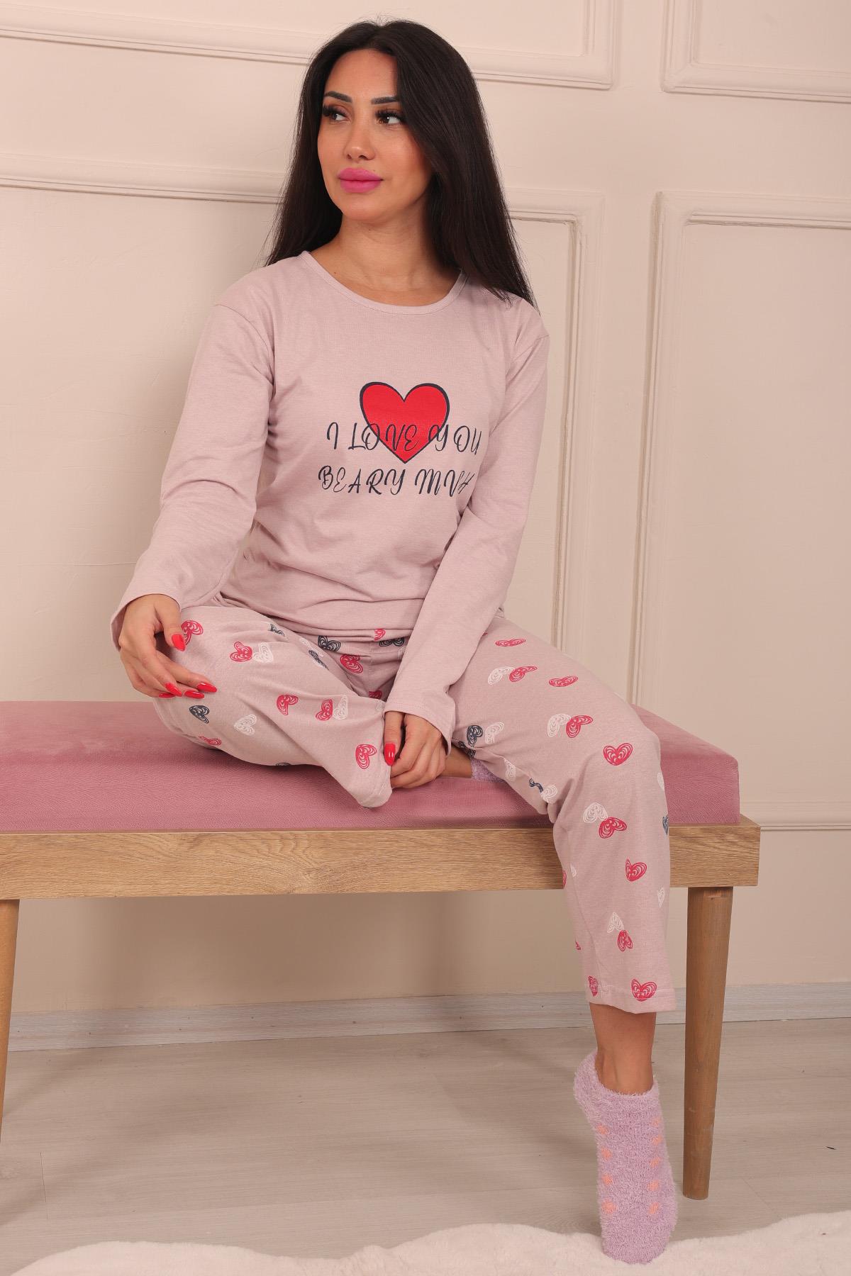 Kadın Kalp Baskılı Ve Sloganlı Bisiklet Yaka Uzun Kol Altı Uzun Penye Pijama Takımı