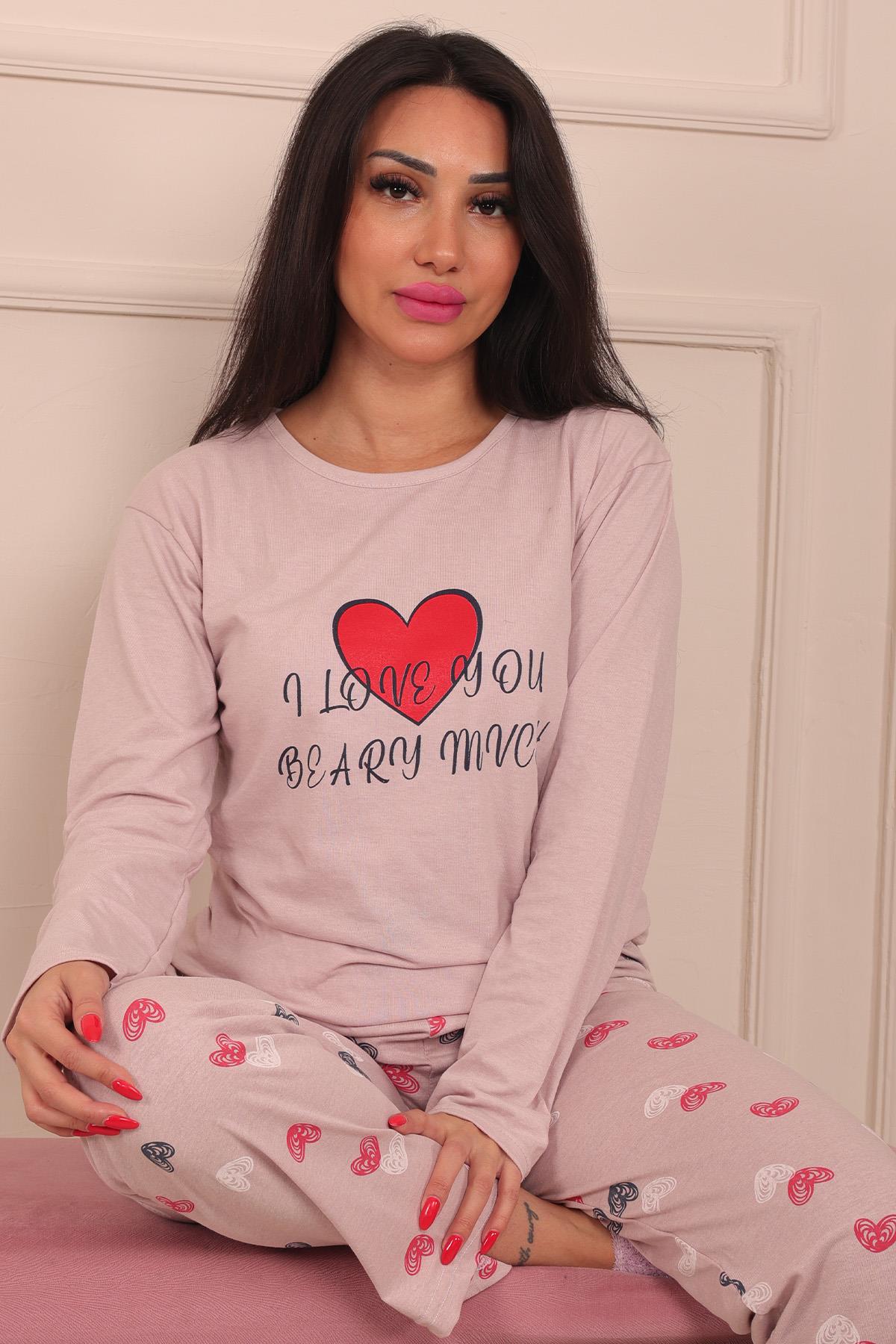 Kadın Kalp Baskılı Ve Sloganlı Bisiklet Yaka Uzun Kol Altı Uzun Penye Pijama Takımı