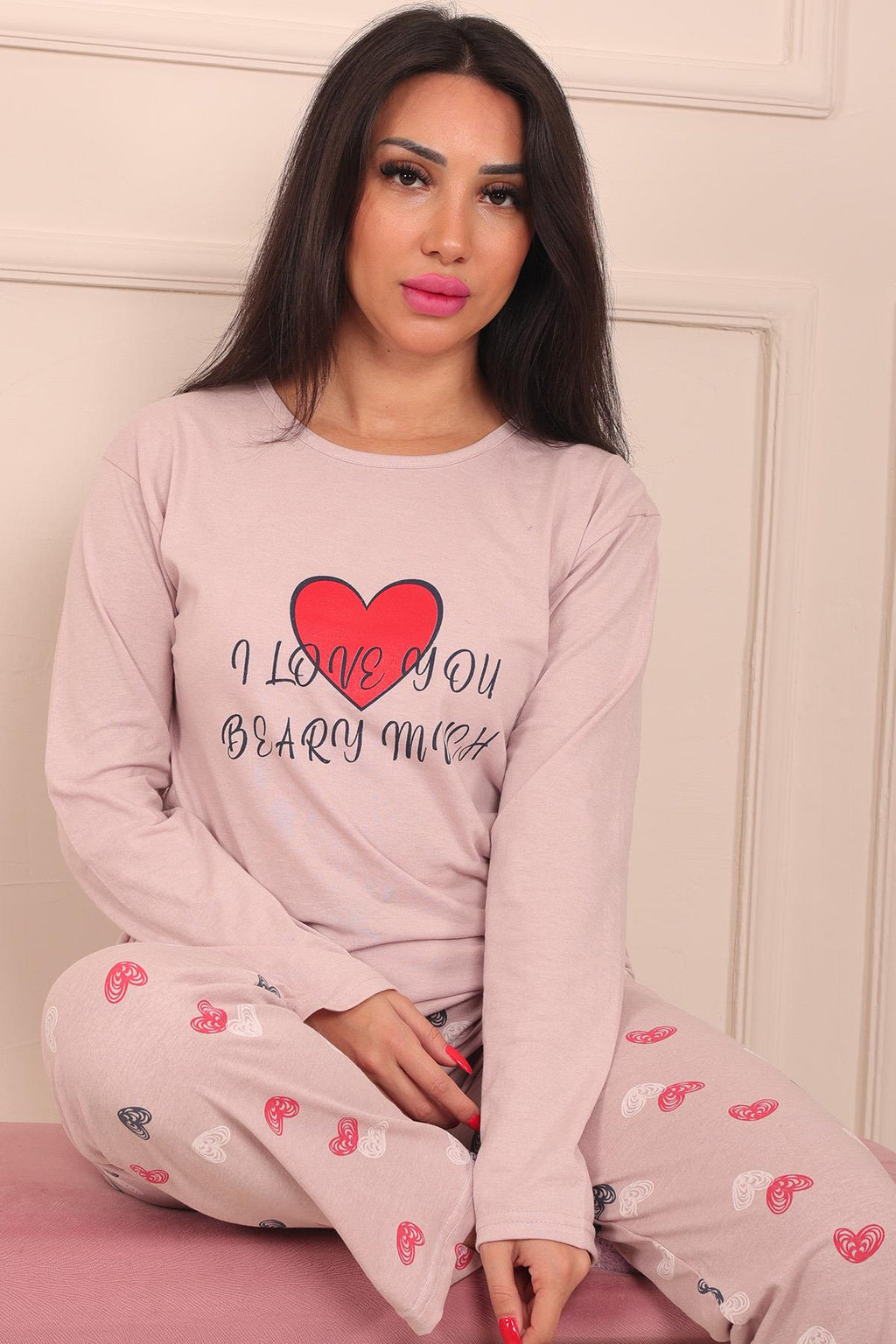 Kadın Kalp Baskılı Ve Sloganlı Bisiklet Yaka Uzun Kol Altı Uzun Penye Pijama Takımı