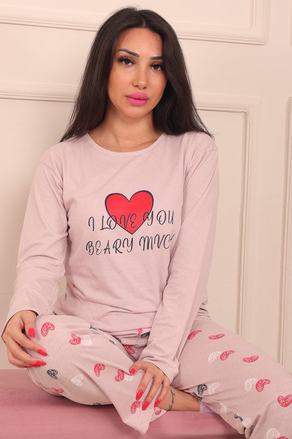 Kadın Kalp Baskılı Ve Sloganlı Bisiklet Yaka Uzun Kol Altı Uzun Penye Pijama Takımı