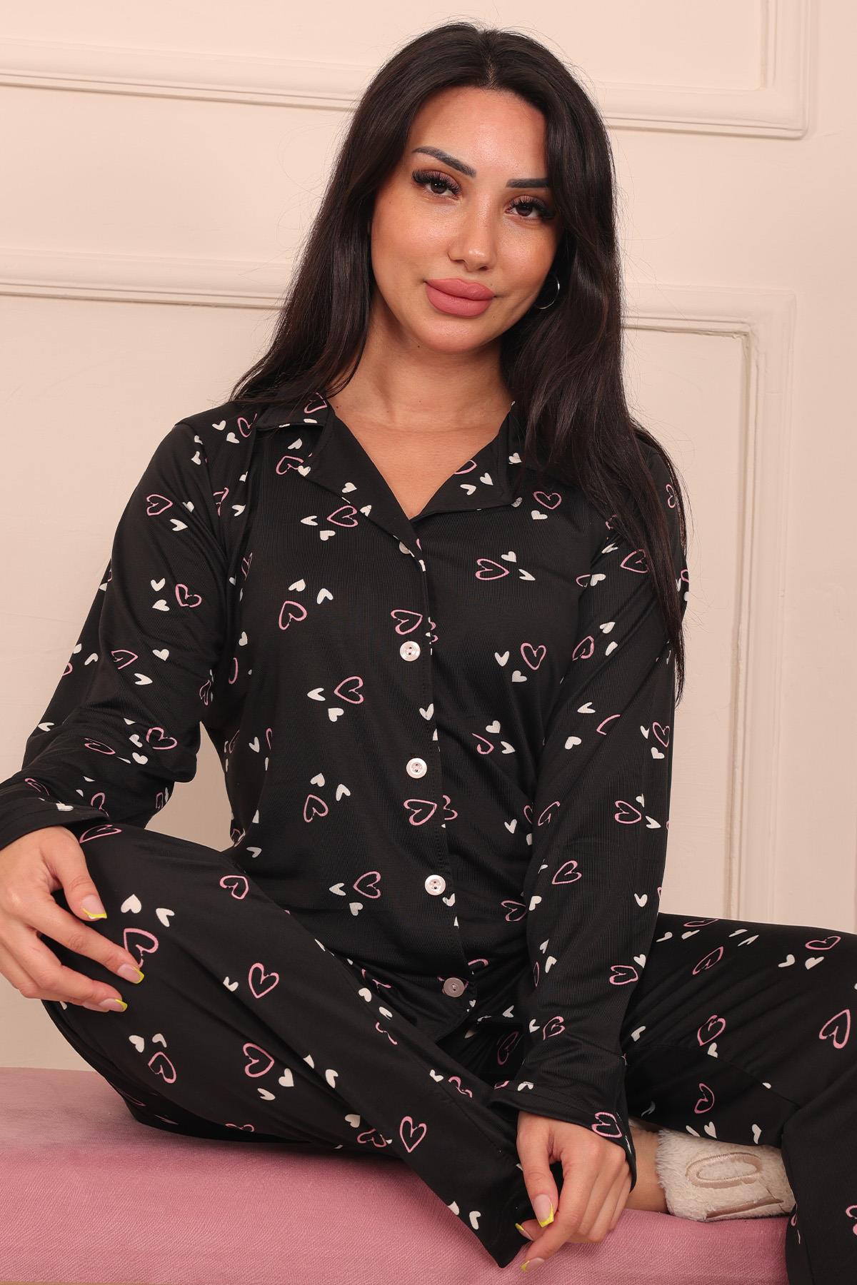 Kadın Kalp Desenli Önü Düğmeli Milan Kumaş Pijama Takımı