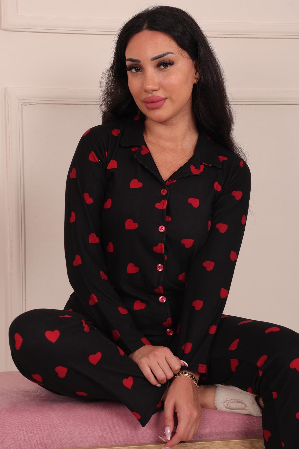 Kadın Kalp Desenli Önü Düğmeli Süet Pijama Takımı