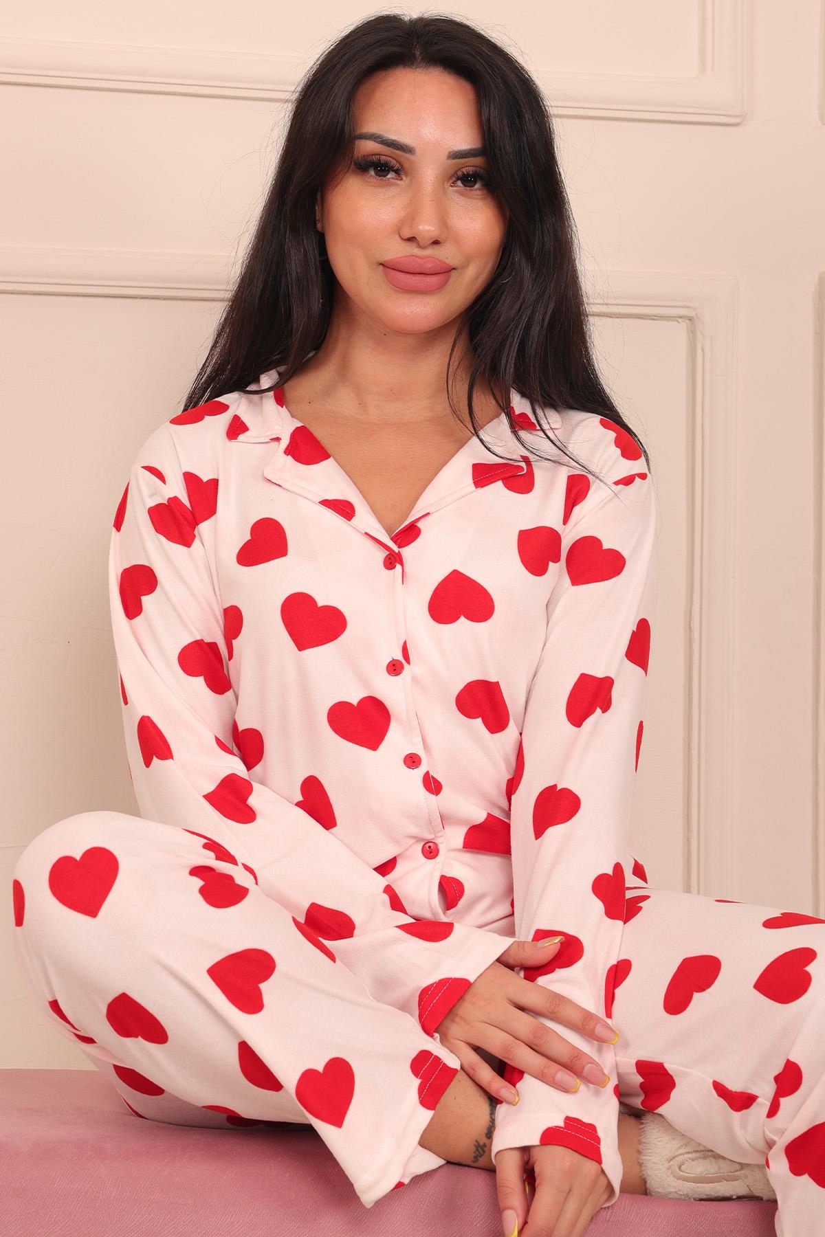 Kadın Kalp Desenli Önü Düğmeli Uzun Kol Altı Uzun Süet Pijama Takımı