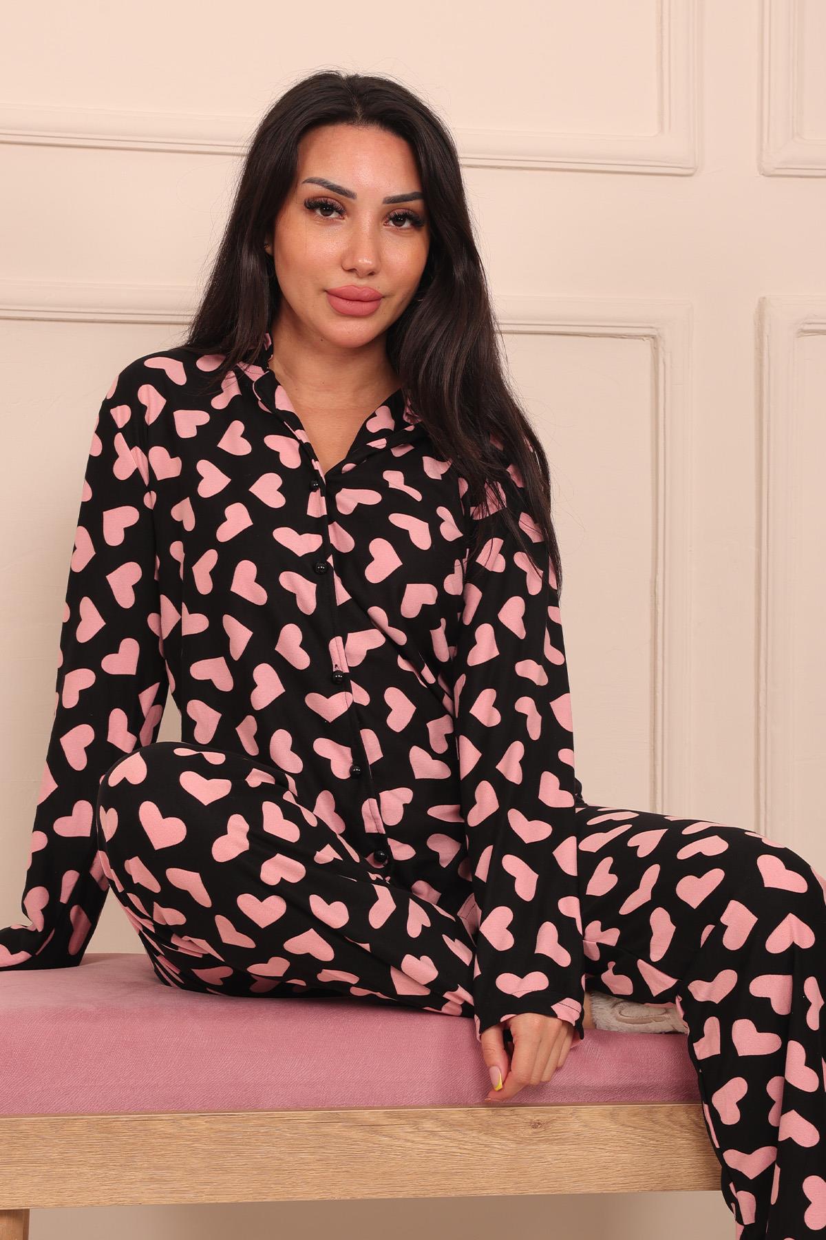 Kadın Kalp Desenli Önü Düğmeli Uzun Kol Altı Uzun Süet Pijama Takımı