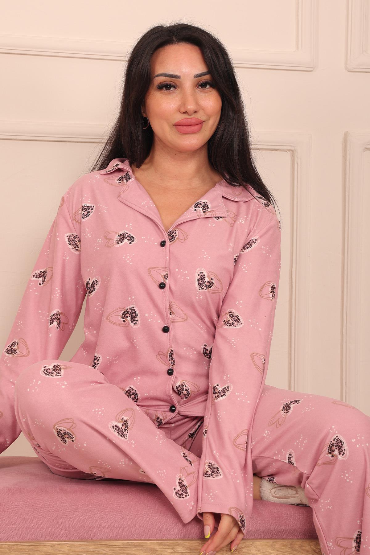 Kadın Kalp Desenli Önü Düğmeli Uzun Kol Altı Uzun Süet Pijama Takımı