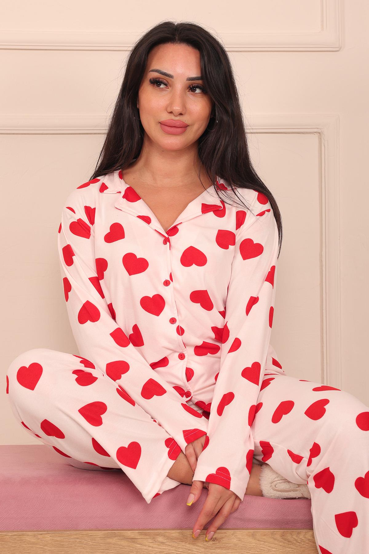 Kadın Kalp Desenli Önü Düğmeli Uzun Kol Altı Uzun Süet Pijama Takımı