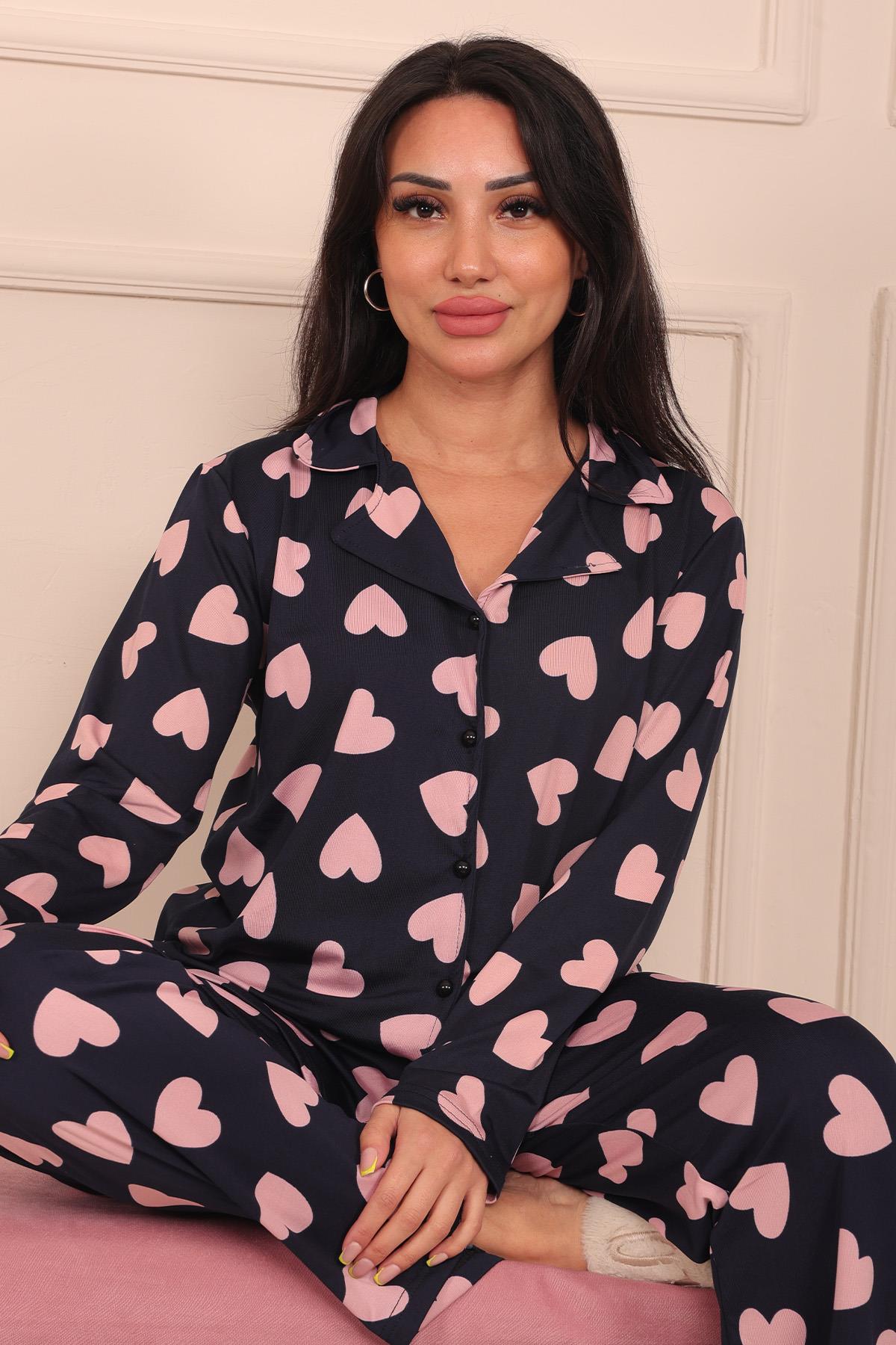 Kadın Kalp Desenli Önü Düğmeli Uzun Kol Altı Uzun Milan Kumaş Pijama Takımı