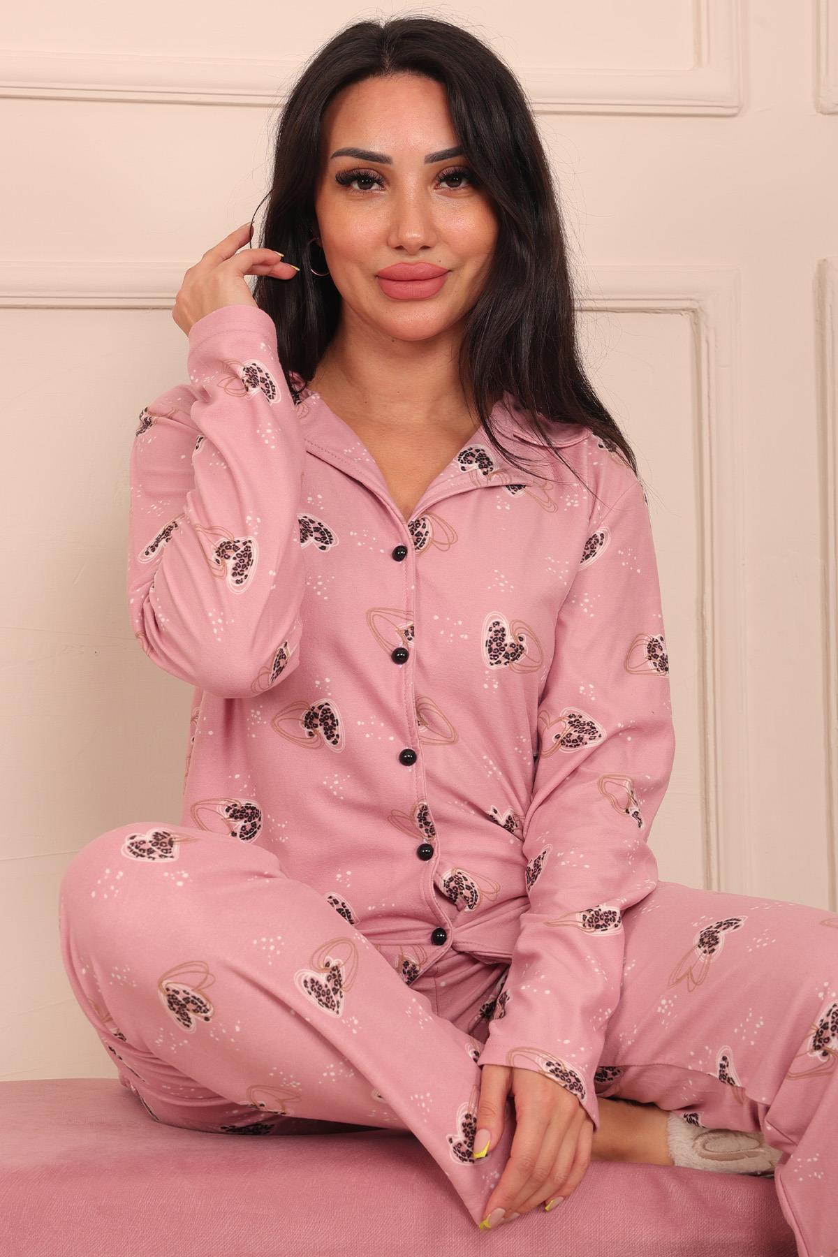 Kadın Kalp Desenli Önü Düğmeli Uzun Kol Altı Uzun Süet Pijama Takımı