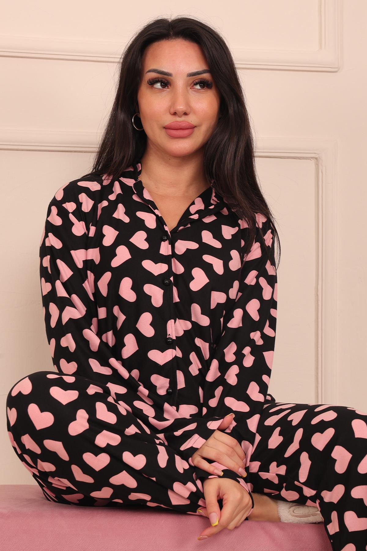 Kadın Kalp Desenli Önü Düğmeli Uzun Kol Altı Uzun Süet Pijama Takımı