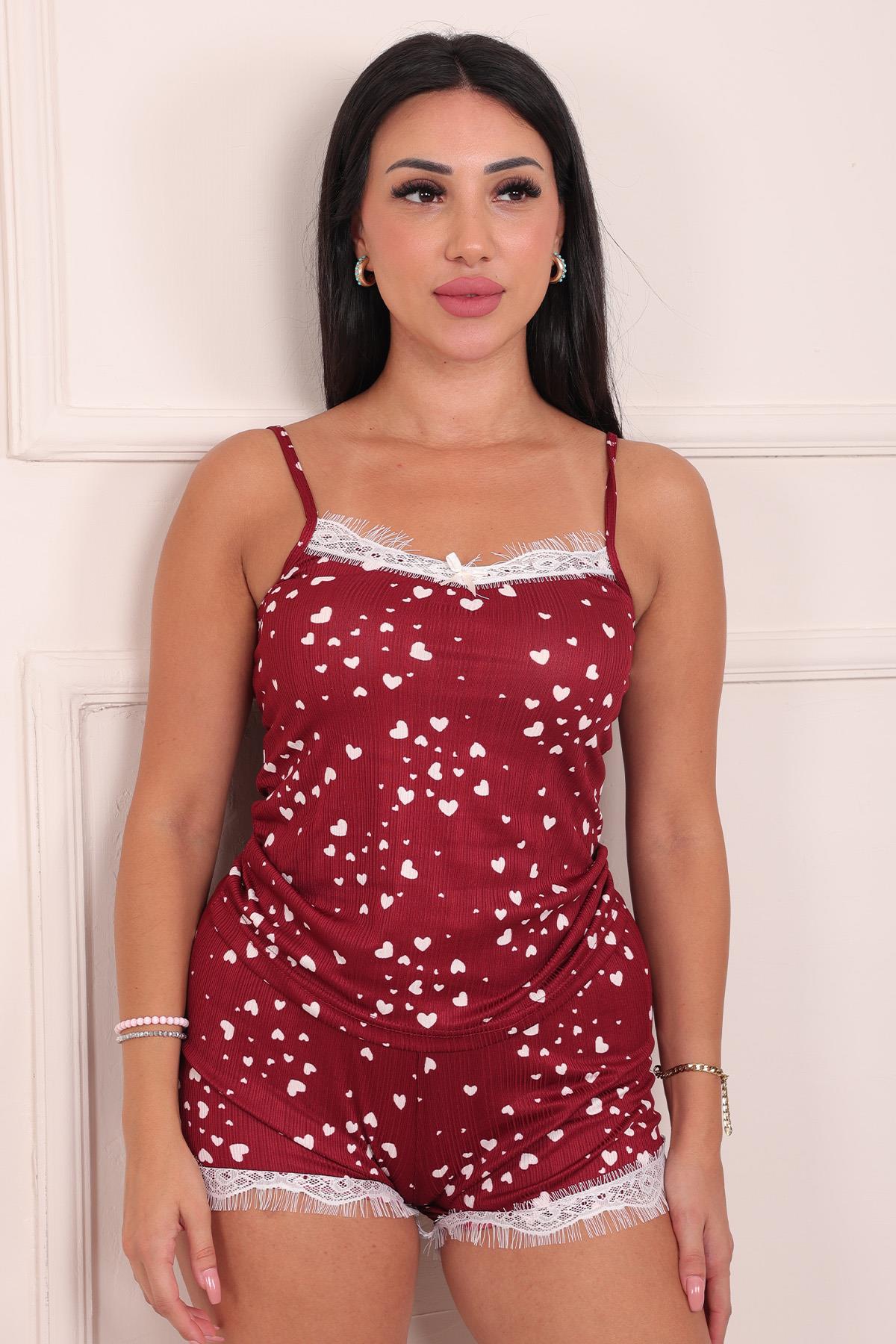 Kadın Kalp Desenli Şortlu Pegasus Pijama Takım Bordo