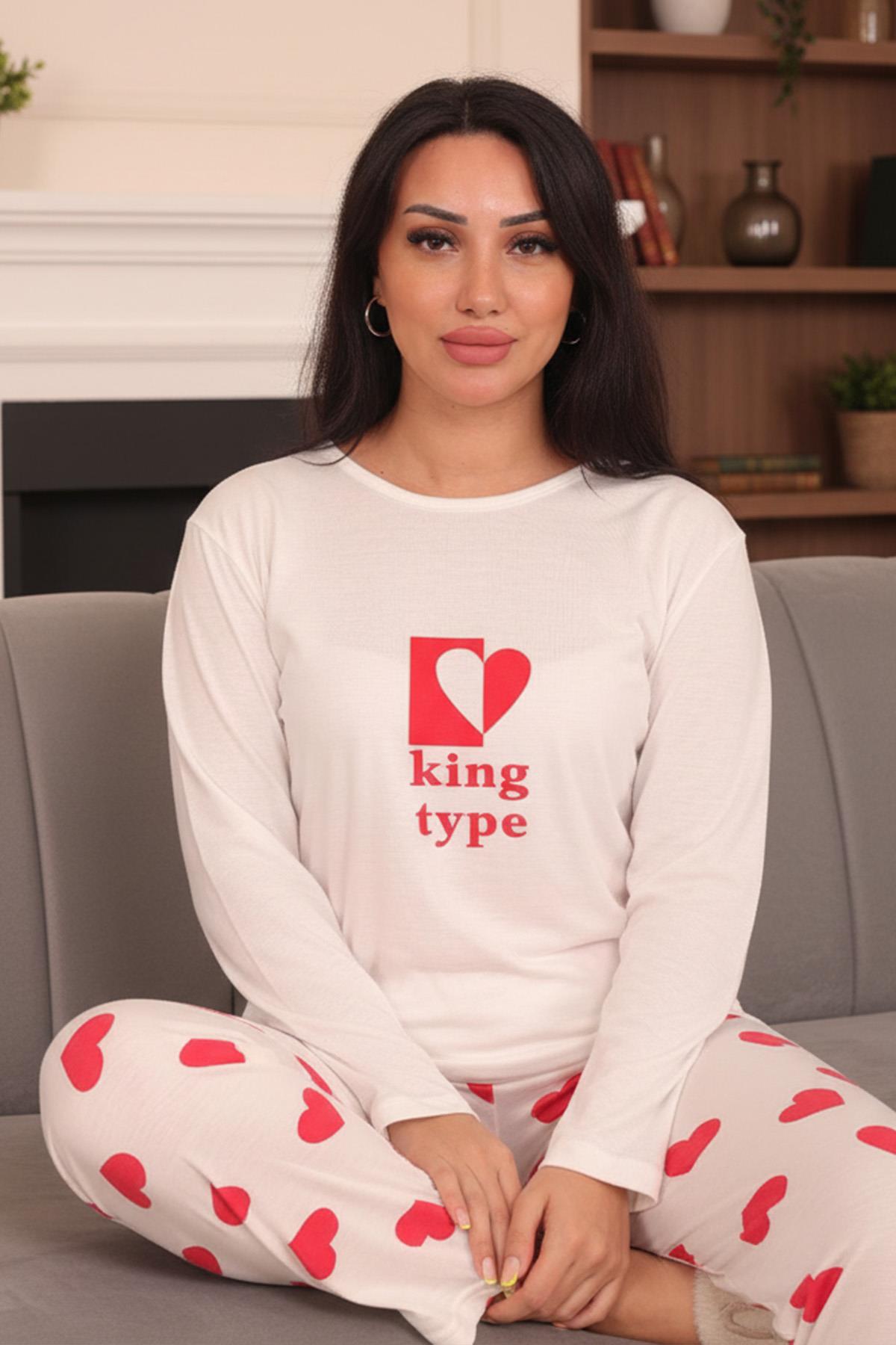 Kadın King Type Sloganlı Altı Kalp Desenli  Bisiklet Yaka Uzun Kol Altı Uzun Viskon Pijama Takımı