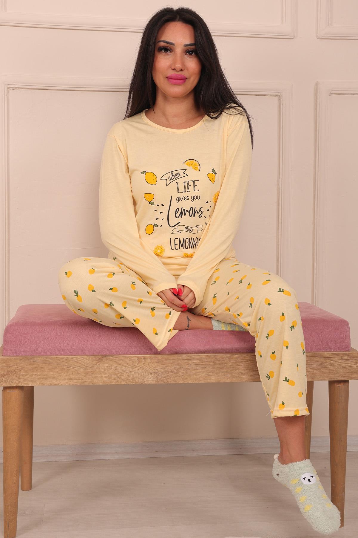 Kadın Lemon Sloganlı Ve Altı Limon Desenli  Bisiklet Yaka Uzun Kol Altı Uzun Viskon Pijama Takımı