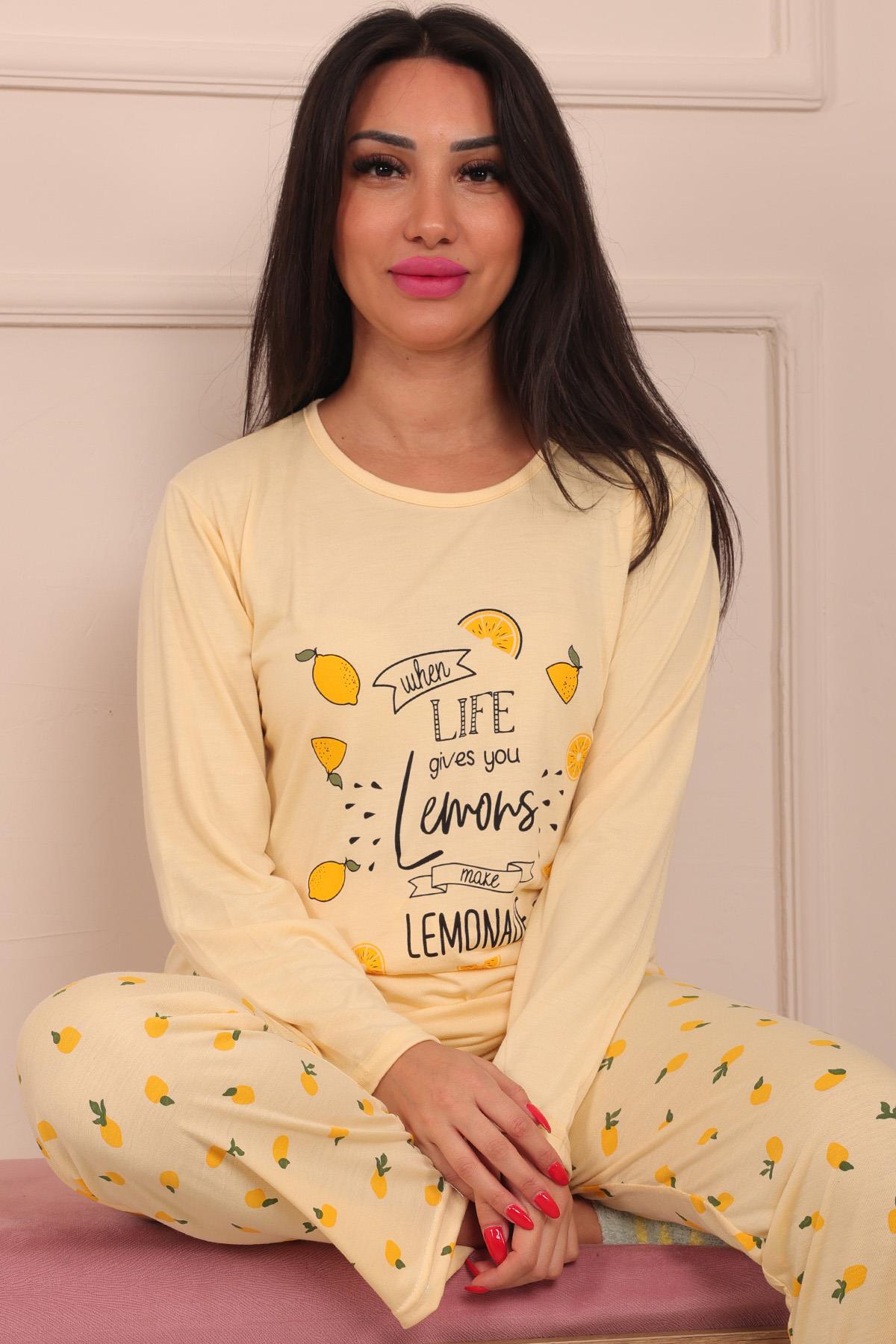 Kadın Lemon Sloganlı Ve Altı Limon Desenli  Bisiklet Yaka Uzun Kol Altı Uzun Viskon Pijama Takımı