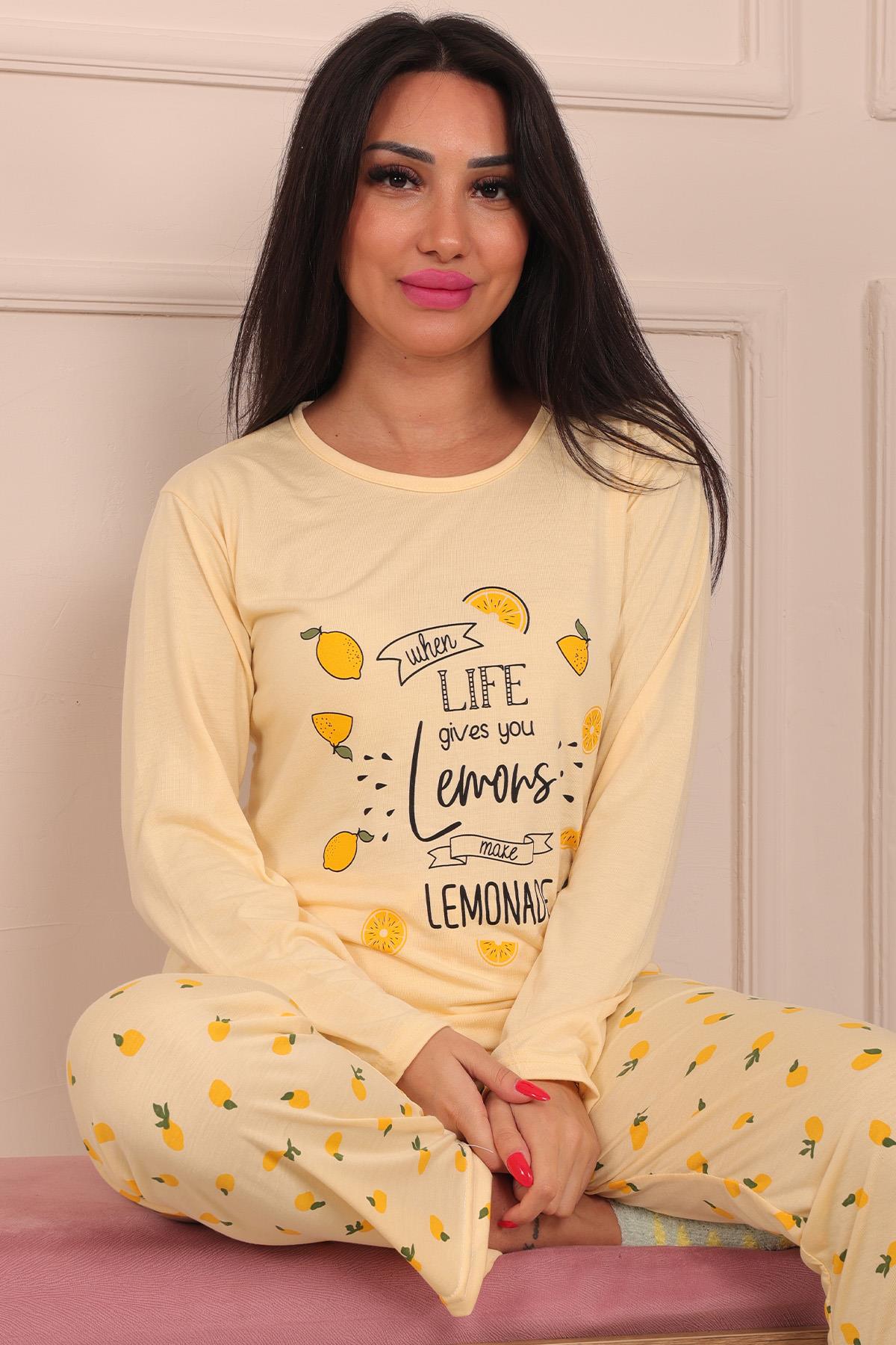 Kadın Lemon Sloganlı Ve Altı Limon Desenli  Bisiklet Yaka Uzun Kol Altı Uzun Viskon Pijama Takımı