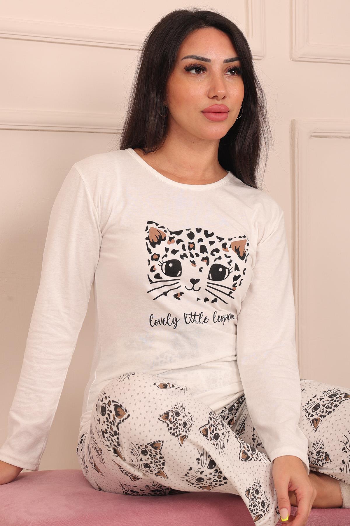 Kadın Leopar Desenli Ve Sloganlı  Altı Desenli Bisiklet Yaka Uzun Kol Altı Uzun Penye Pijama Takımı