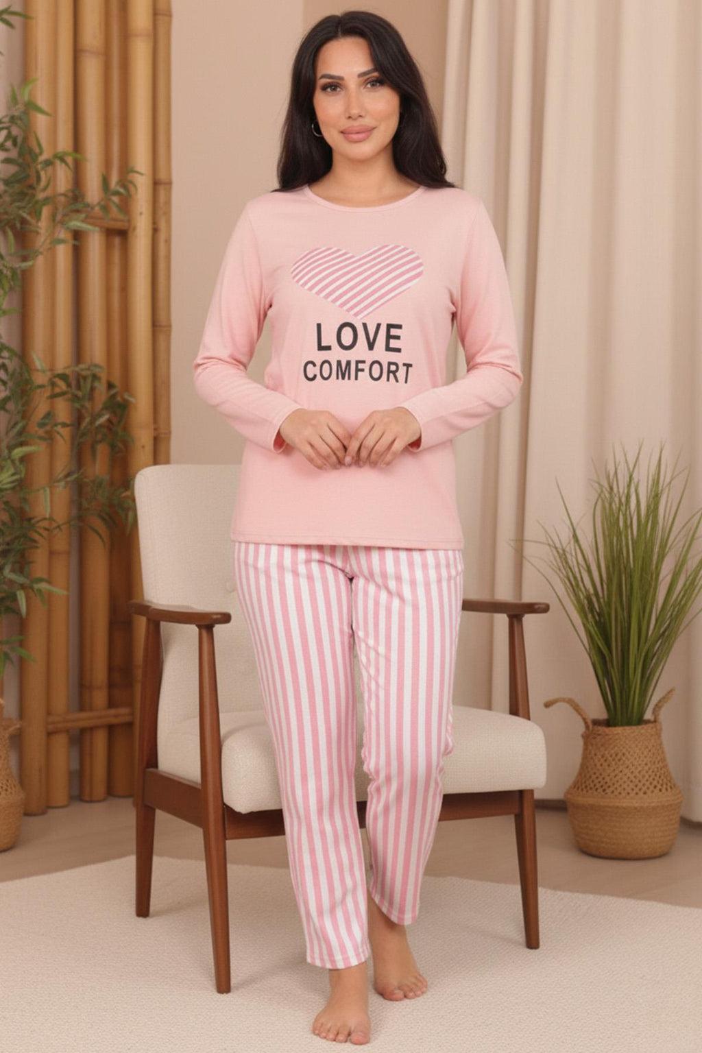 Kadın Love Comfort Sloganlı Altı Dikey Çizgi Desenli  Bisiklet Yaka Uzun Kol Altı Uzun Penye Pijama Takımı