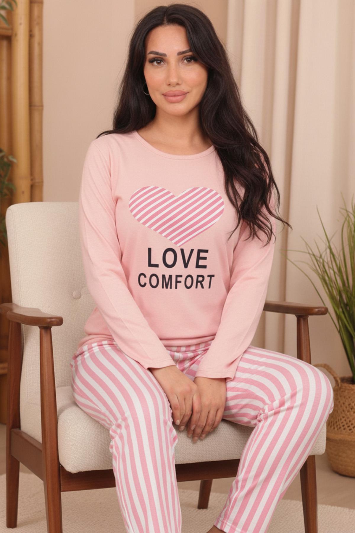 Kadın Love Comfort Sloganlı Altı Dikey Çizgi Desenli  Bisiklet Yaka Uzun Kol Altı Uzun Penye Pijama Takımı