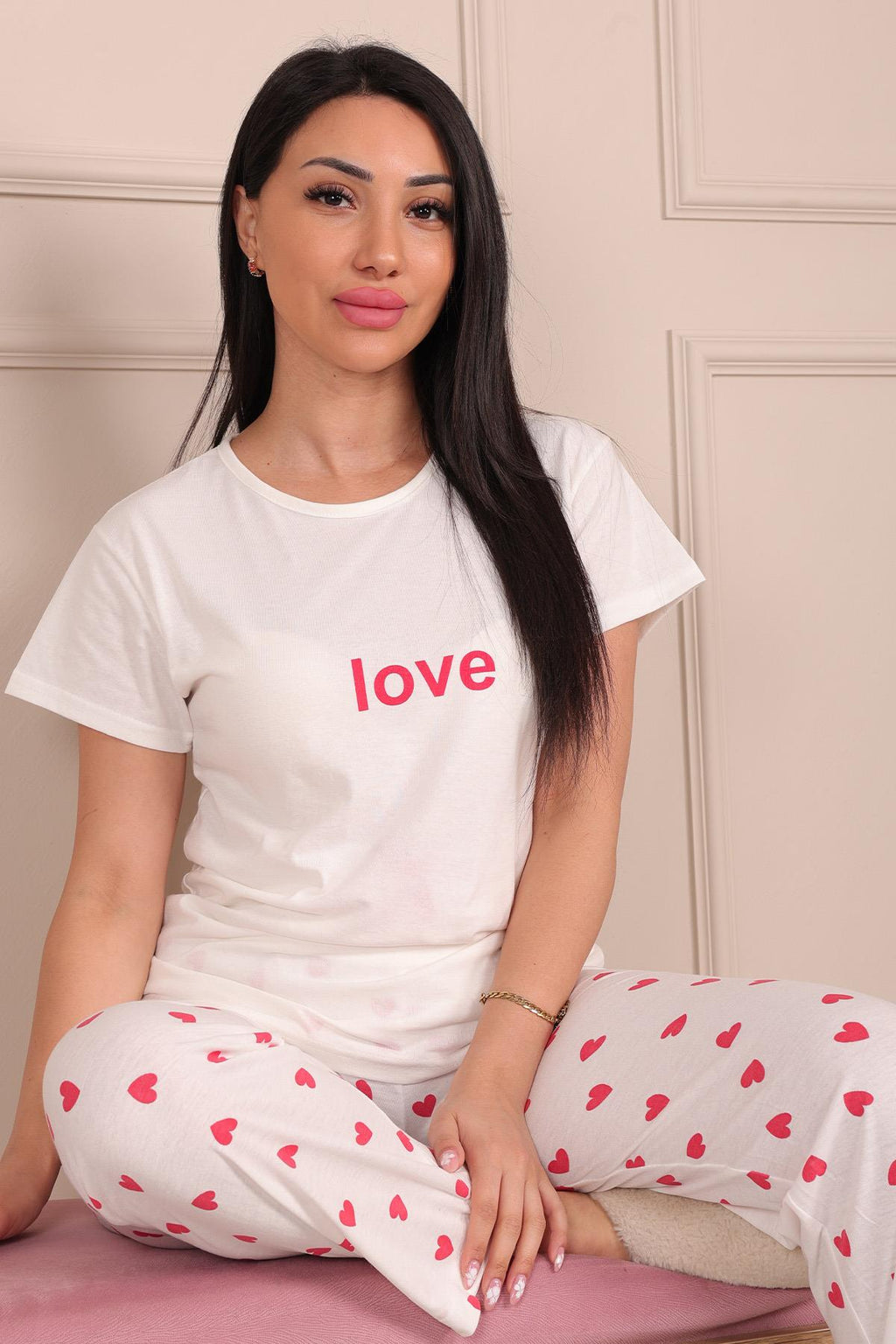 Kadın Love Sloganlı Bisiklet Yaka Kısa Kol Altı Uzun Penye Pijama Takımı