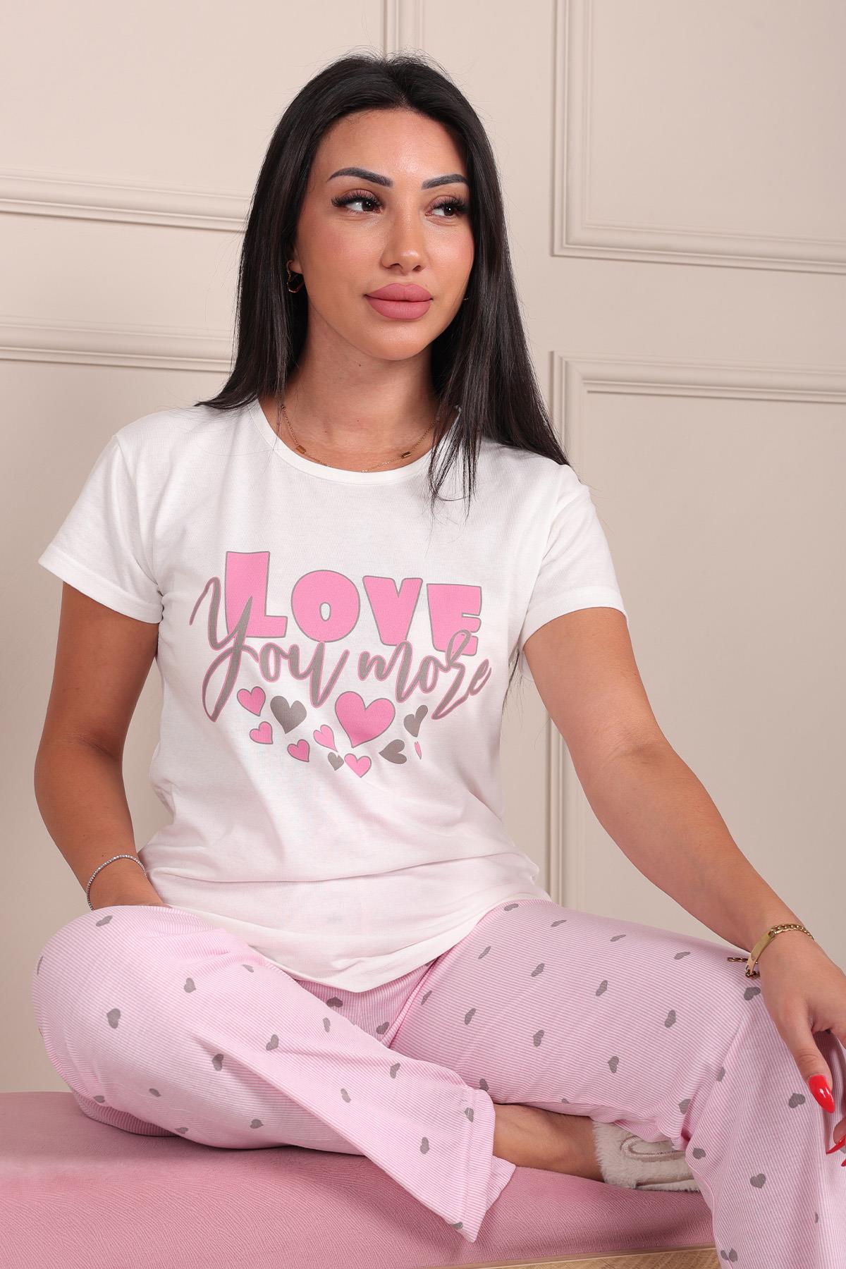 Kadın Love Sloganlı Bisiklet Yaka Kısa Kol Altı Uzun Penye Pijama Takımı