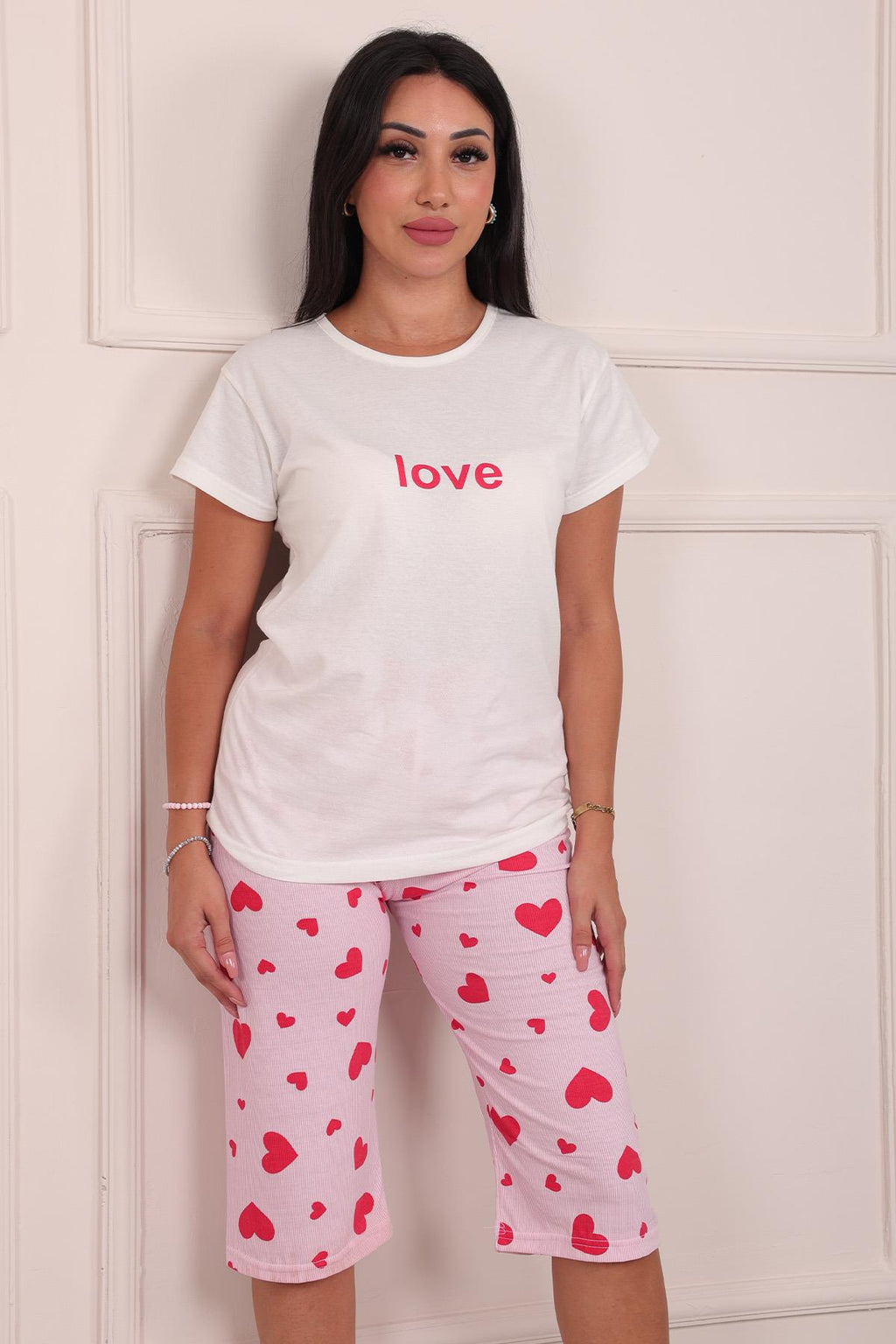 Kadın Love Sloganlı Bisiklet Yaka Kısa Kol Altı Kapri Penye Pijama Takımı