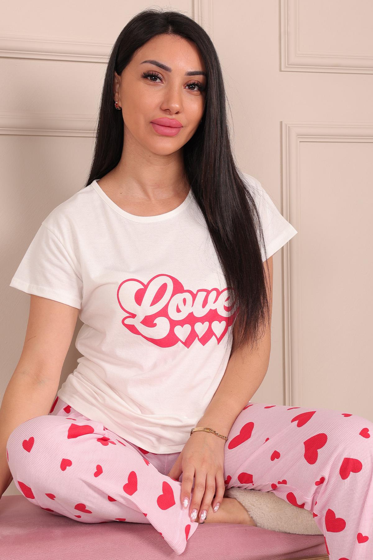 Kadın Love Sloganlı Bisiklet Yaka Kısa Kol Altı Uzun Penye Pijama Takımı