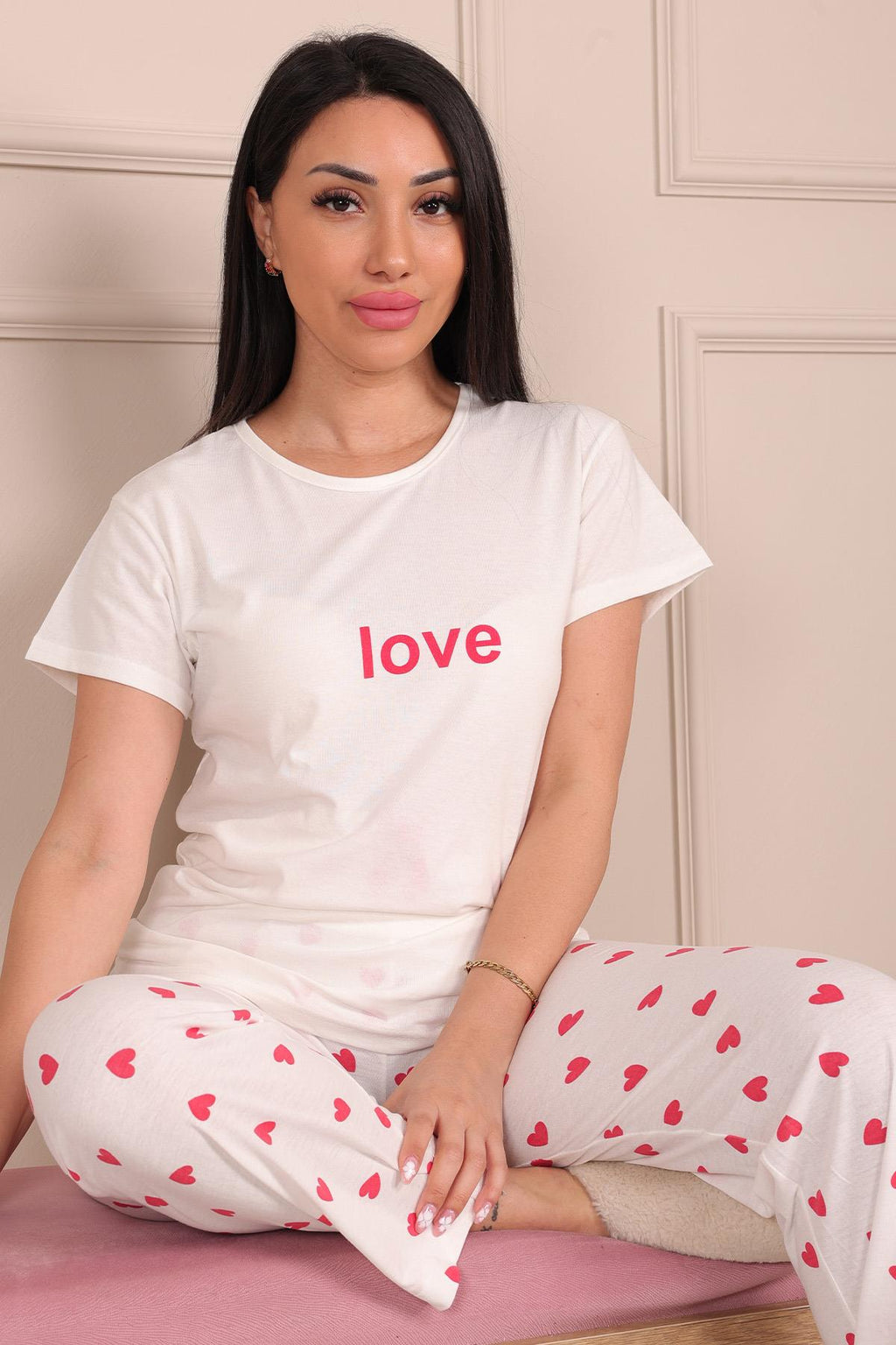 Kadın Love Sloganlı Bisiklet Yaka Kısa Kol Altı Uzun Penye Pijama Takımı