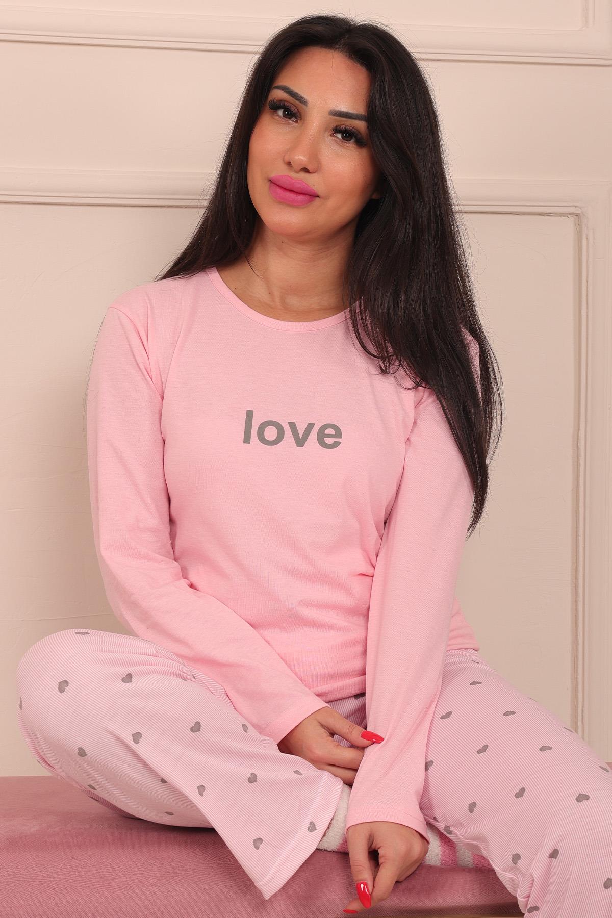 Kadın Love Sloganlı Bisiklet Yaka Uzun Kol Altı Uzun Penye Pijama Takımı
