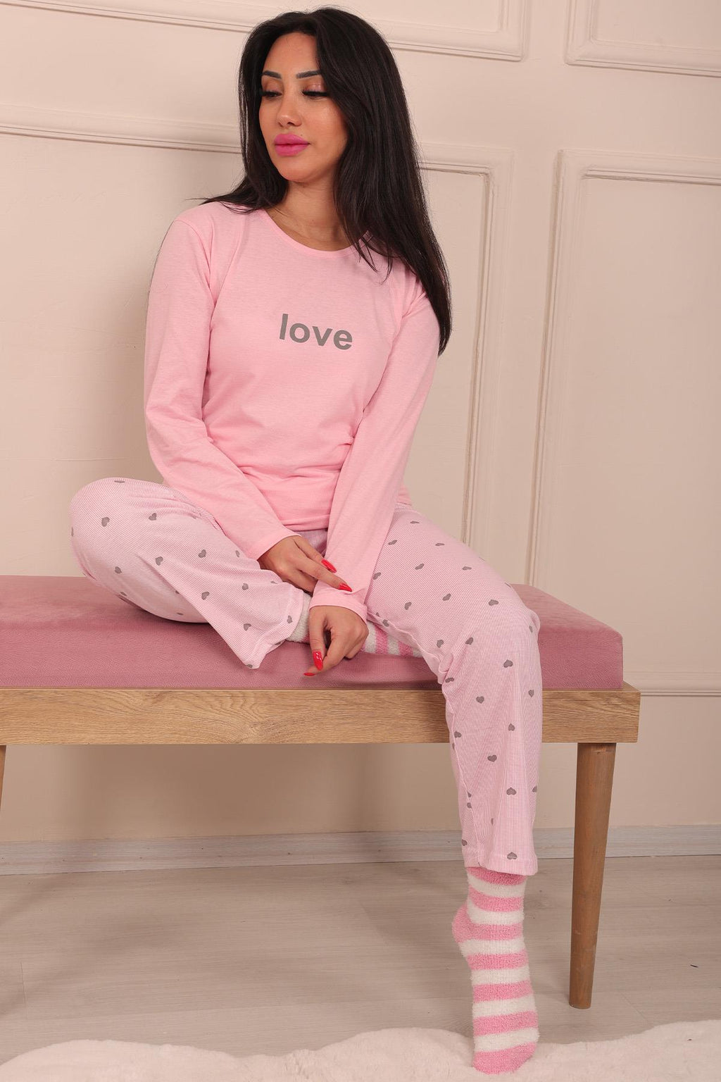 Kadın Love Sloganlı Bisiklet Yaka Uzun Kol Altı Uzun Penye Pijama Takımı