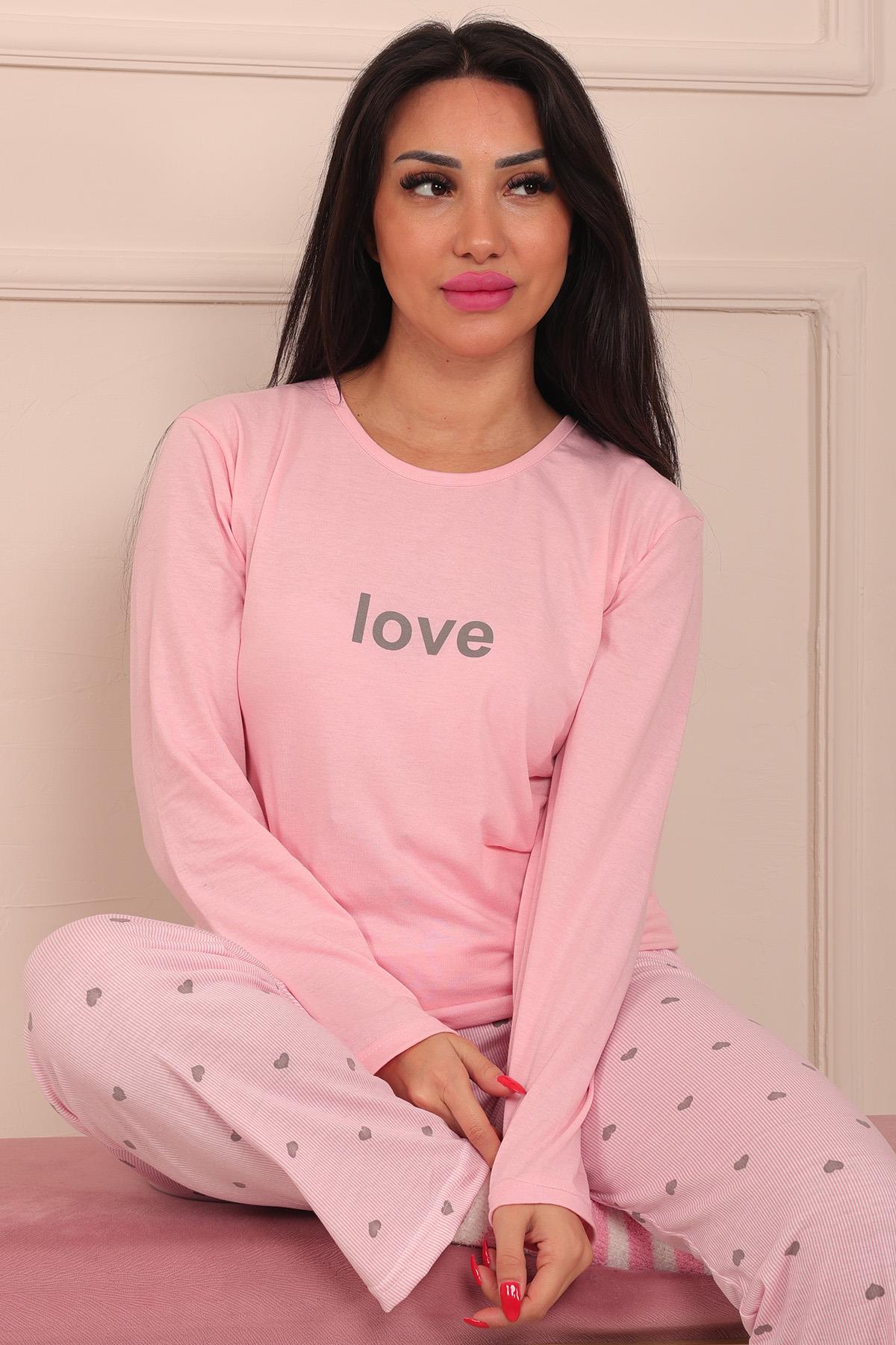 Kadın Love Sloganlı Bisiklet Yaka Uzun Kol Altı Uzun Penye Pijama Takımı
