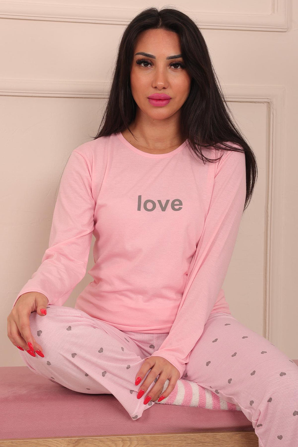 Kadın Love Sloganlı Bisiklet Yaka Uzun Kol Altı Uzun Penye Pijama Takımı