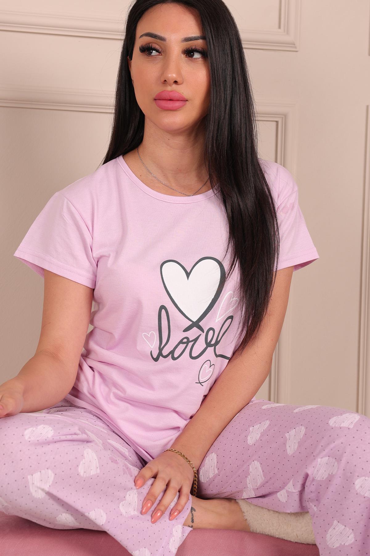 Kadın Love Sloganlı Ve Baskılı Bisiklet Yaka Kısa Kol Altı Uzun Penye Pijama Takımı