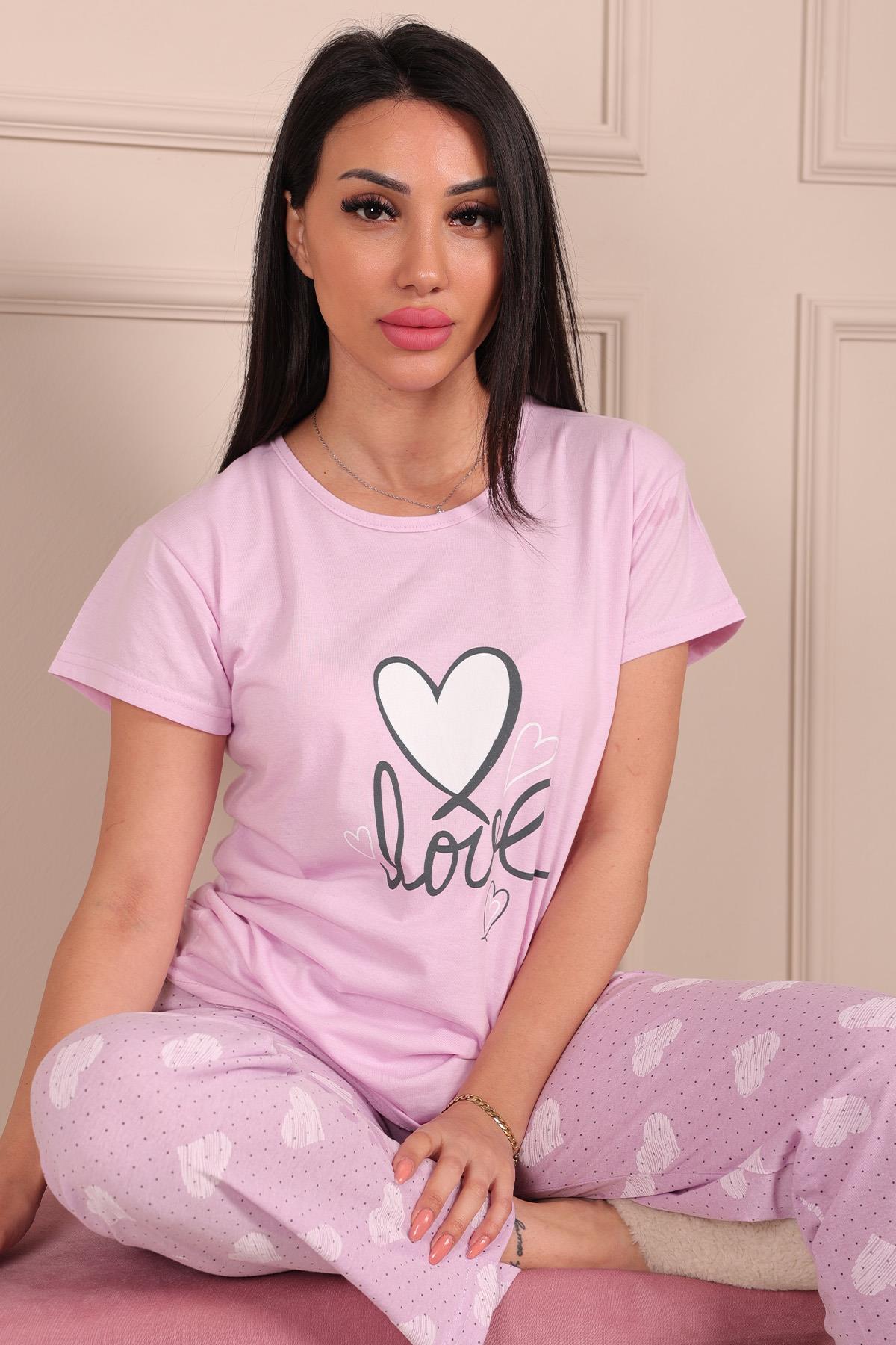 Kadın Love Sloganlı Ve Baskılı Bisiklet Yaka Kısa Kol Altı Uzun Penye Pijama Takımı