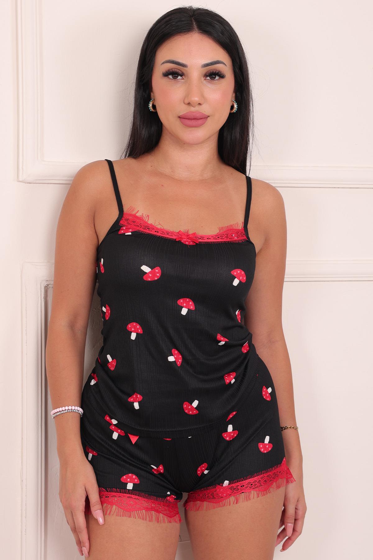 Kadın Mantar Desenli Şortlu Pegasus Pijama Takım Siyah