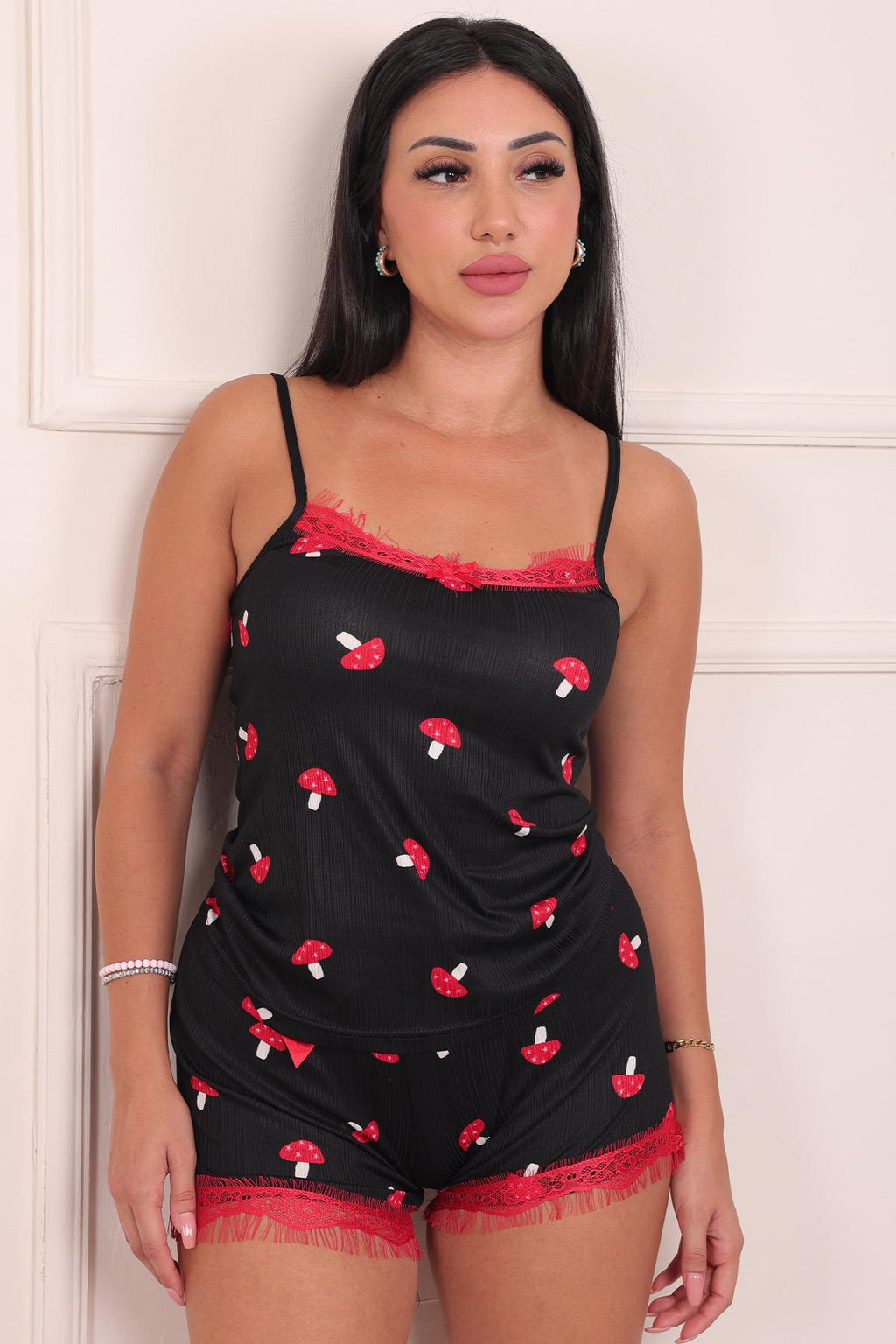 Kadın Mantar Desenli Şortlu Pegasus Pijama Takım Siyah