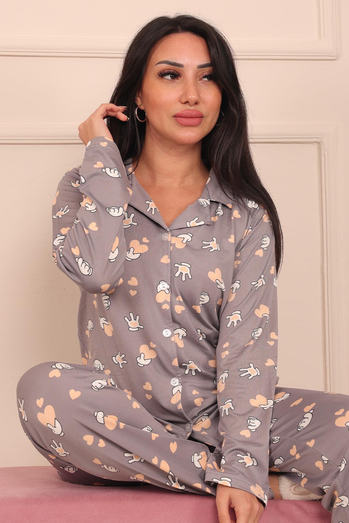 Kadın Mickey Eli Ve Kalp Desenli Önü Düğmeli Milan Kumaş Pijama Takımı