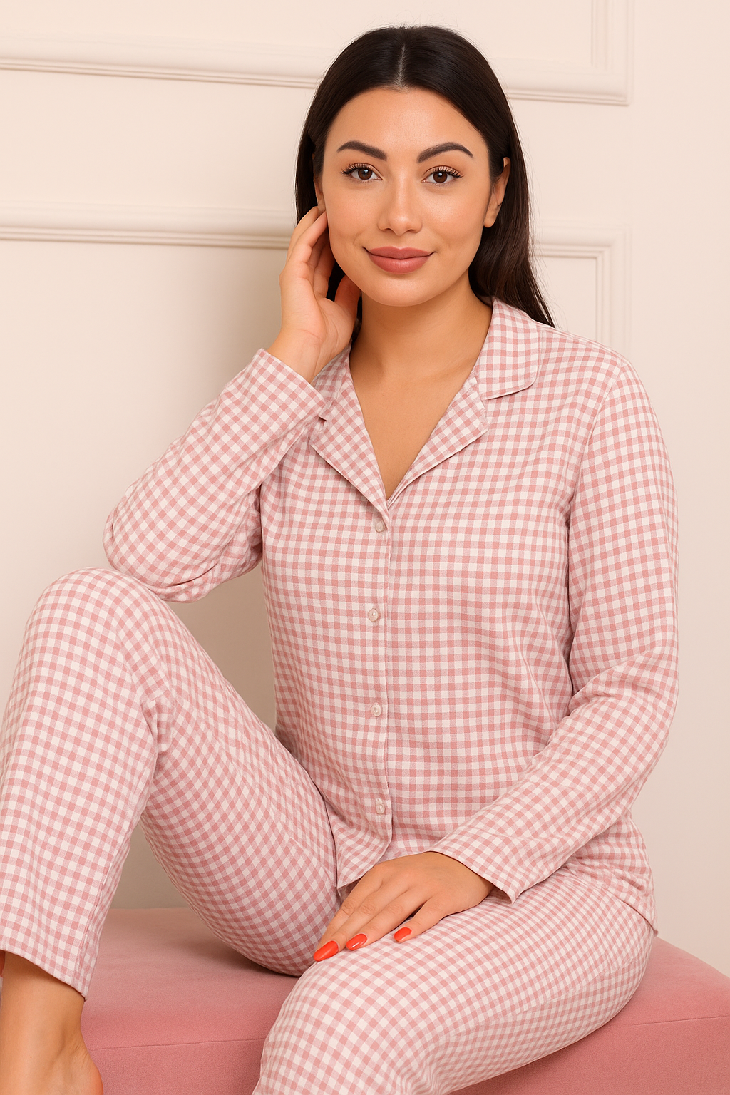 Kadın Minik Kare Desenli Önü Düğmeli Uzun Kol Altı Uzun Süet Pijama Takımı