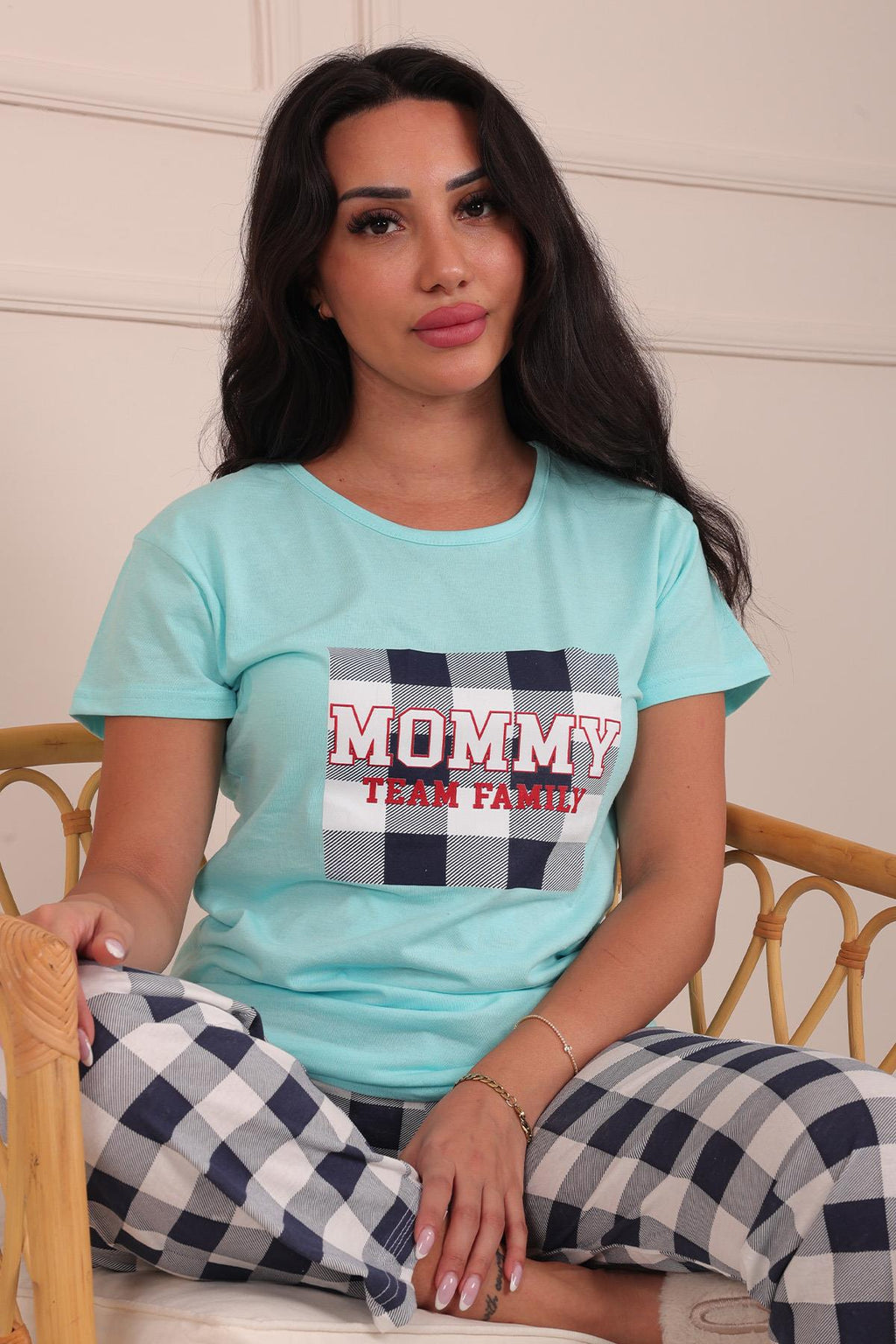 Kadın Mommy Sloganlı Bisiklet Yaka Kısa Kol Altı Uzun Penye Pijama Takımı Turkuaz