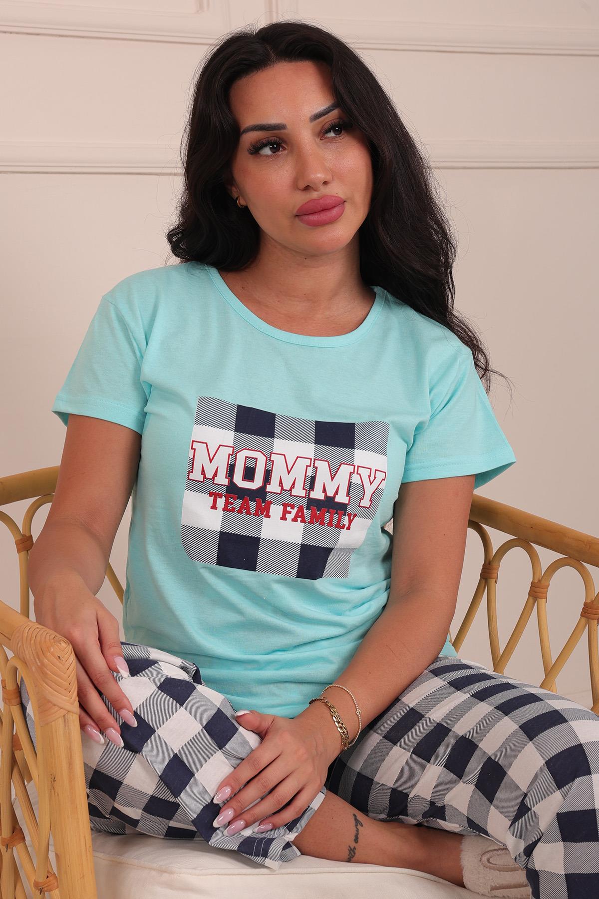 Kadın Mommy Sloganlı Bisiklet Yaka Kısa Kol Altı Uzun Penye Pijama Takımı Turkuaz